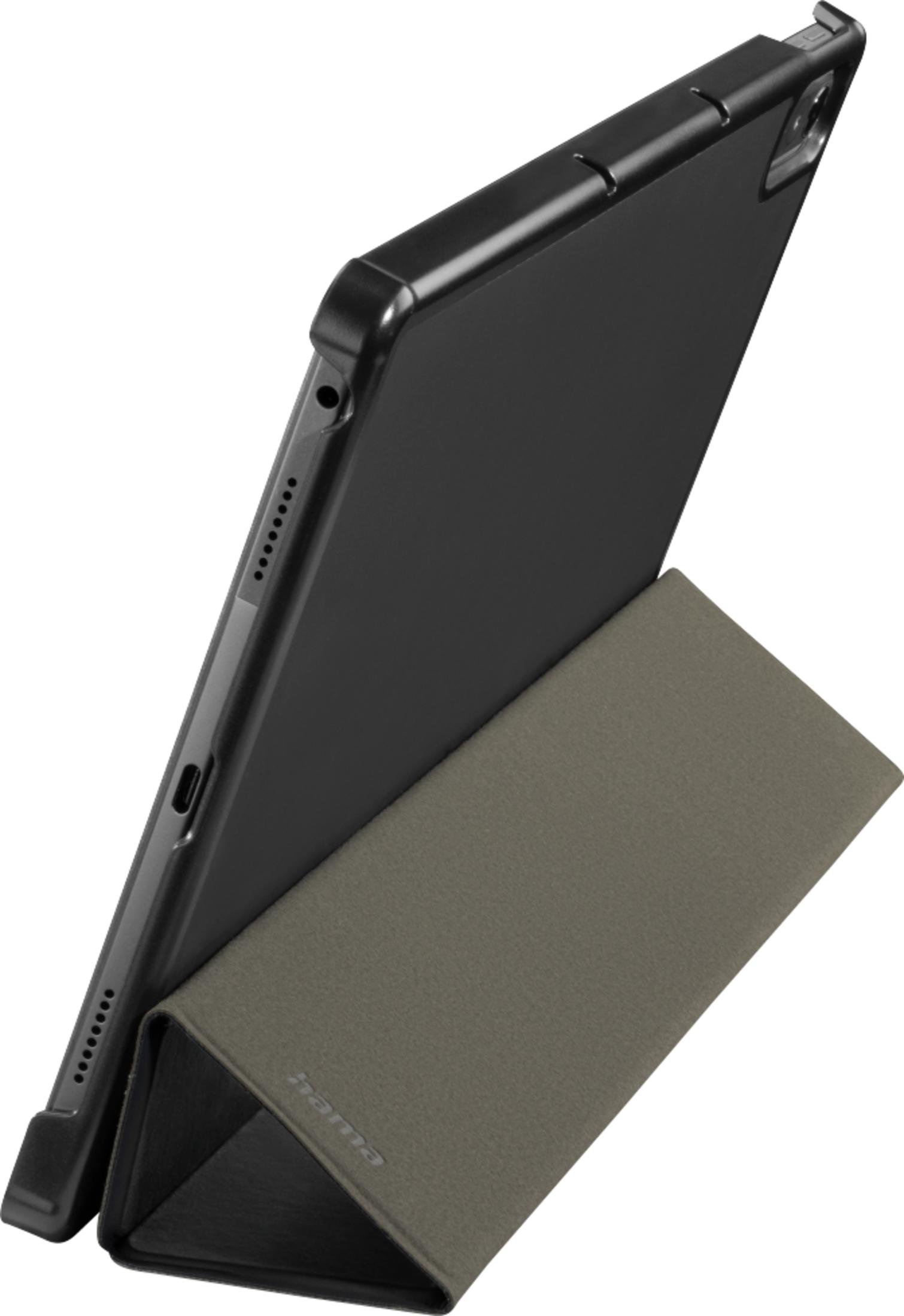 Czarny tablet z szarą składaną podstawką na białym tle.