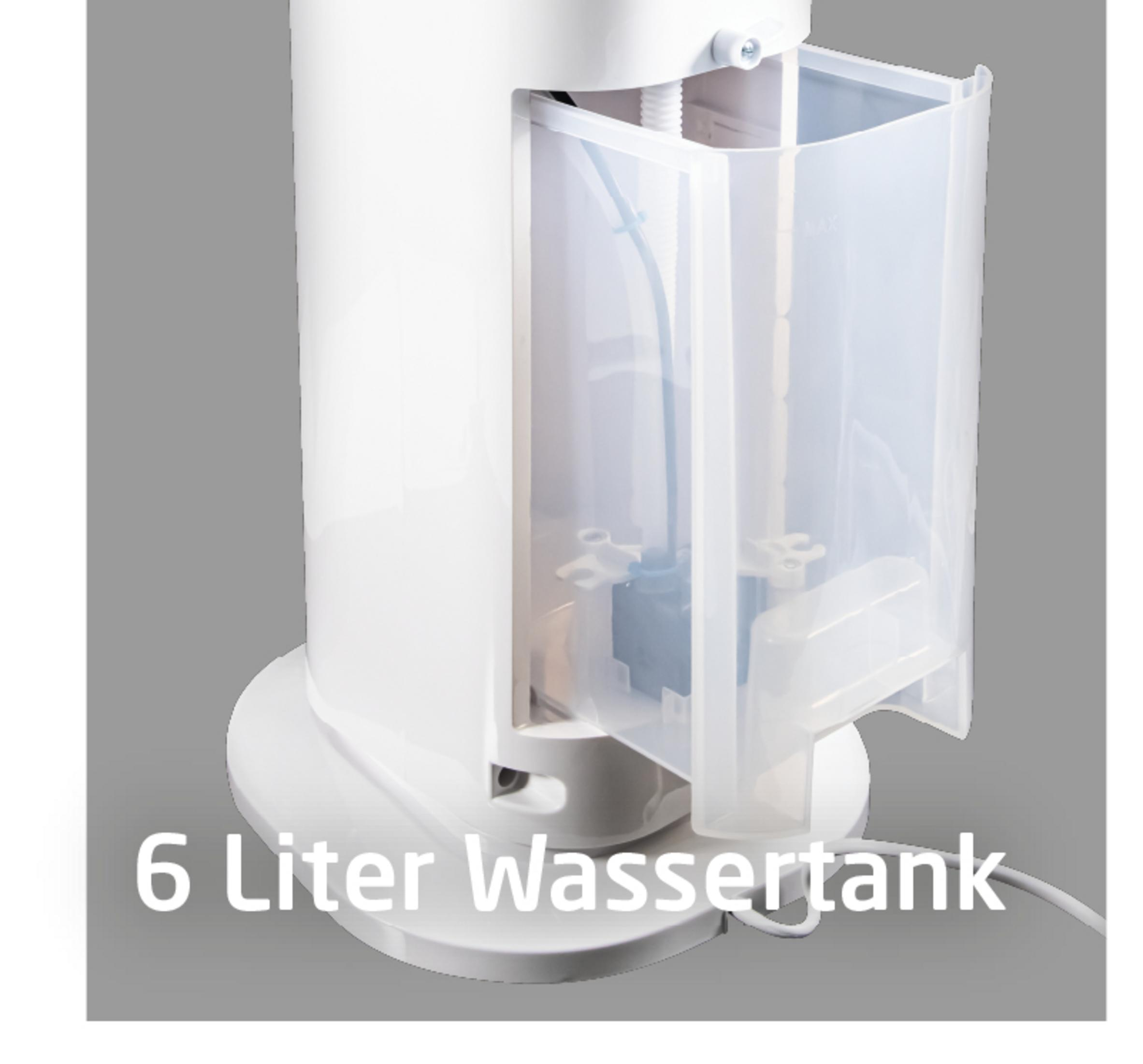Ein weißer Luftbefeuchter mit sichtbarem 6-Liter-Wassertank.