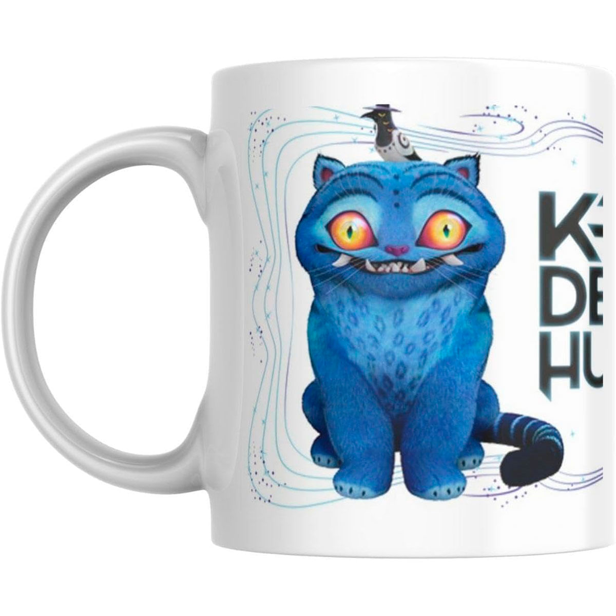 Un gato de dibujos animados azul con ojos amarillos se sienta en una taza blanca. Un pajarito en su cabeza.