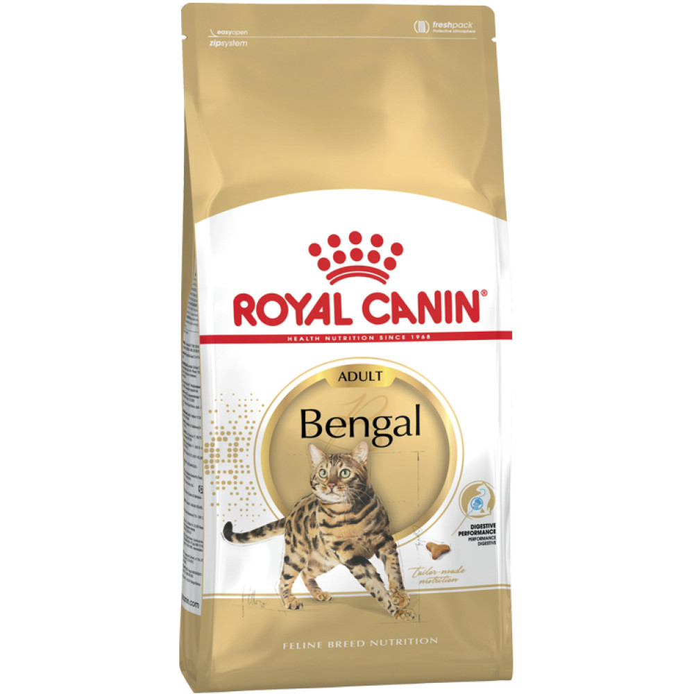 Worek karmy dla kota Royal Canin Bengal Adult z kotem, złoty i biały.