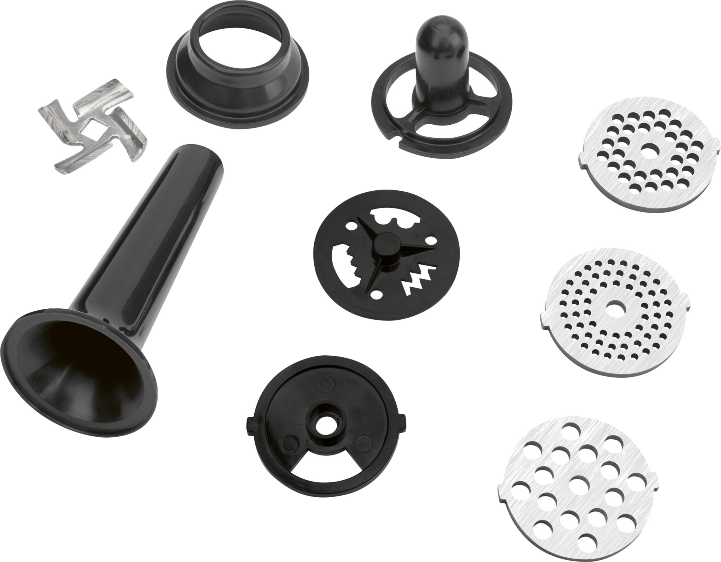 Akcesoria do maszynki do mięsa: 3 sitka, 1 ostrze, 1 popychacz, 1 lejek i 2 pierścienie.