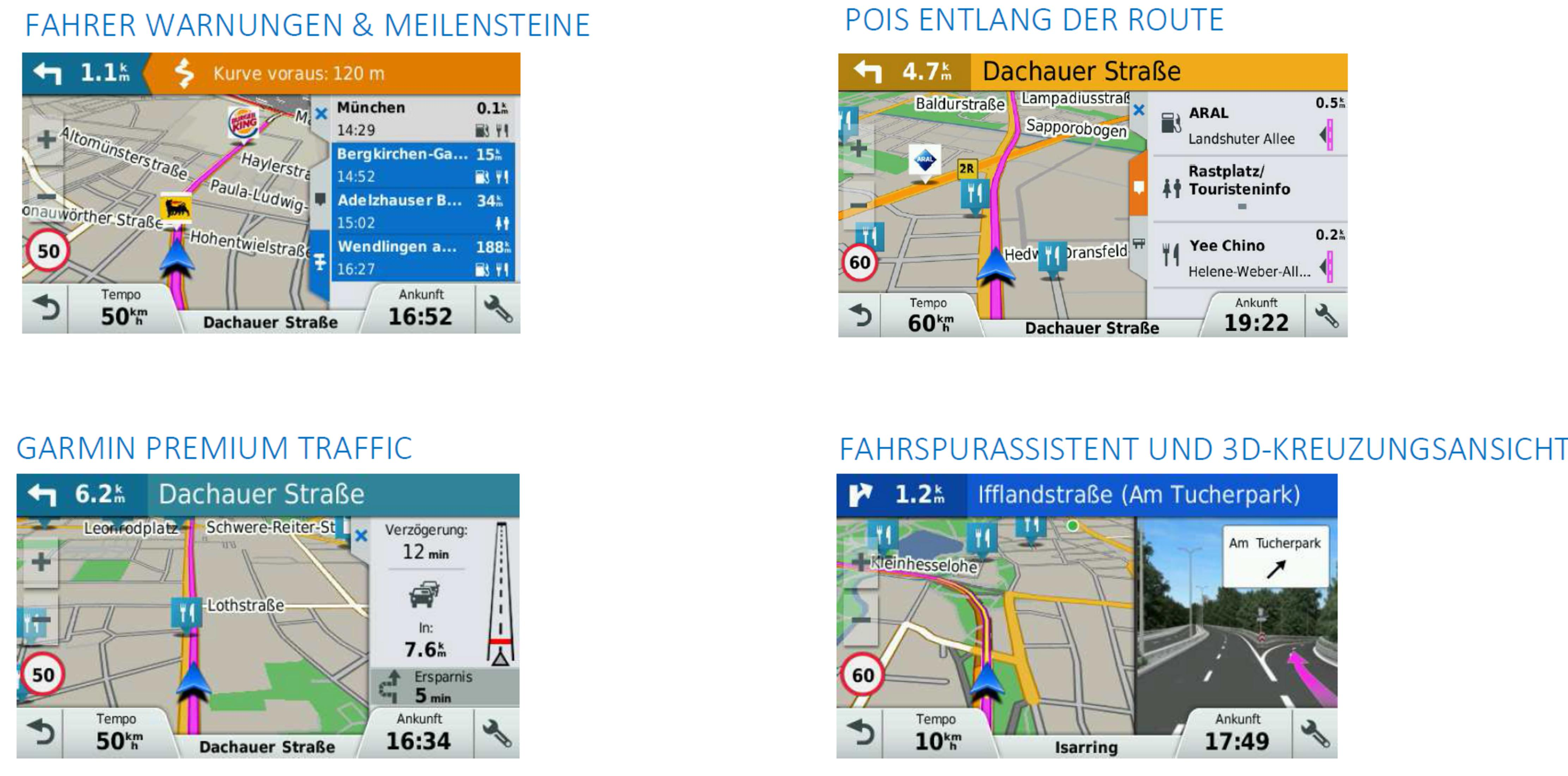 Navigationsgerät zeigt Warnungen, Kurven und POIs. Routenübersicht.