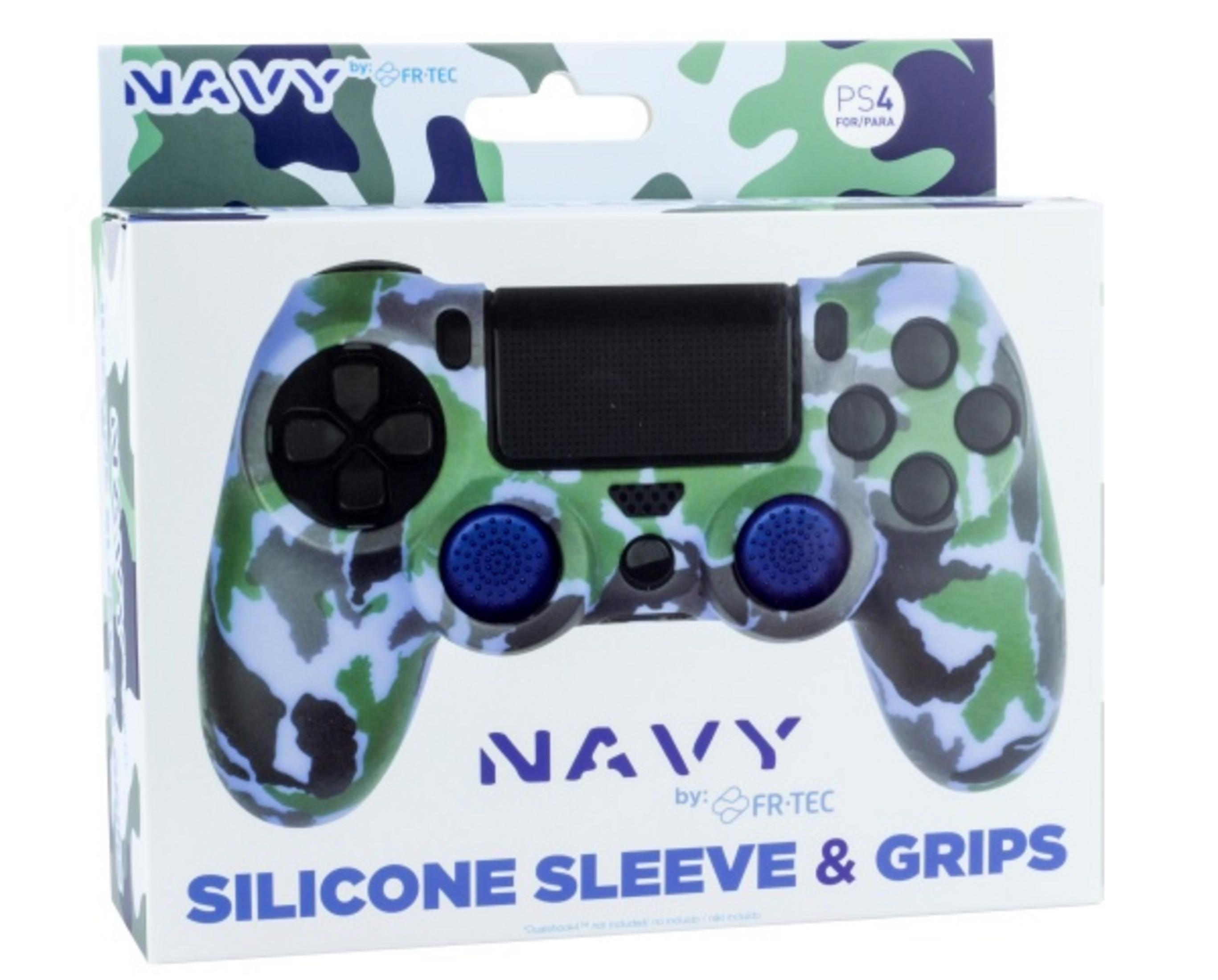 Una funda de mando PS4 con estampado de camuflaje azul, verde y gris.
