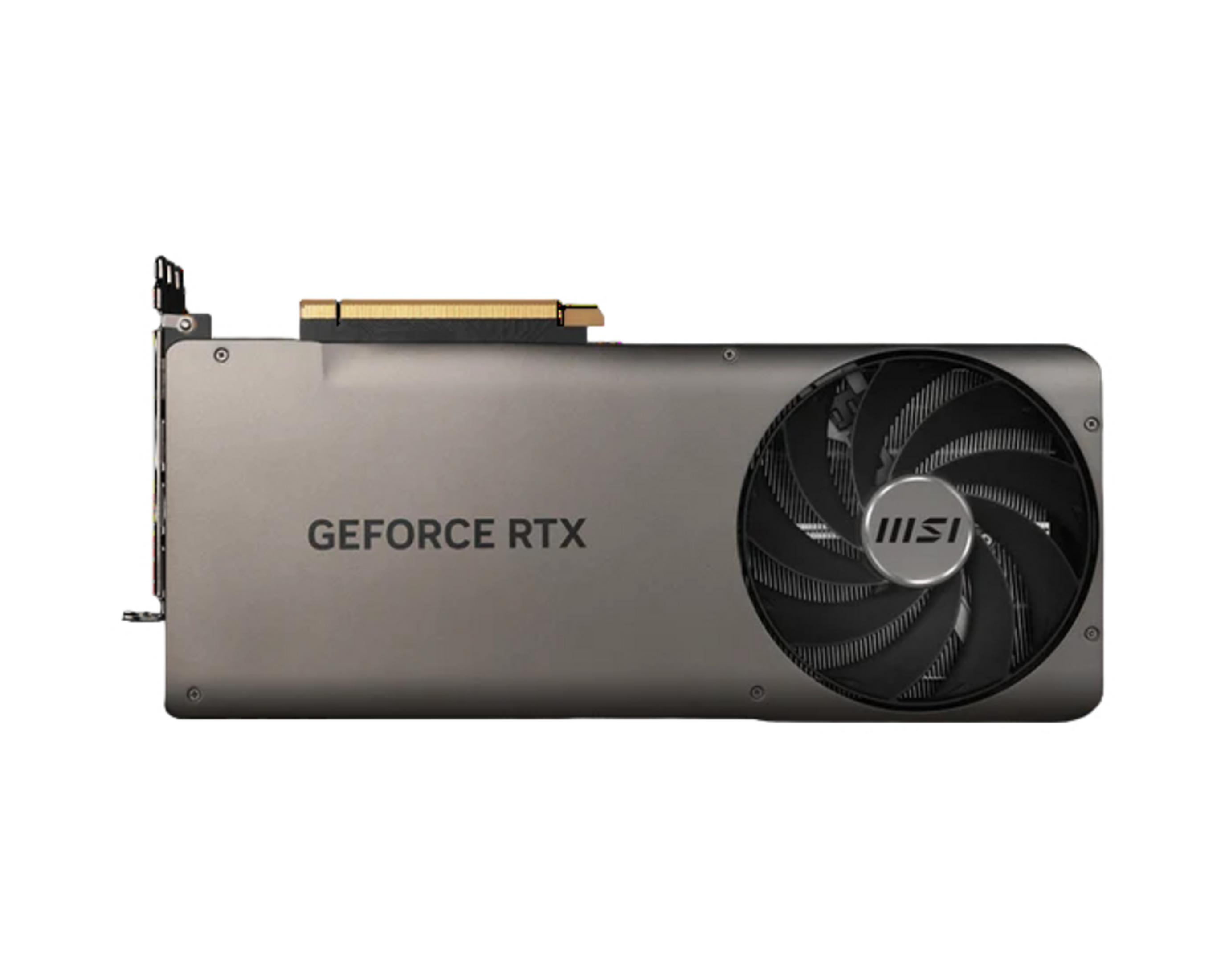 Graue Grafikkarte mit GeForce RTX-Aufschrift und MSI-Lüfter.