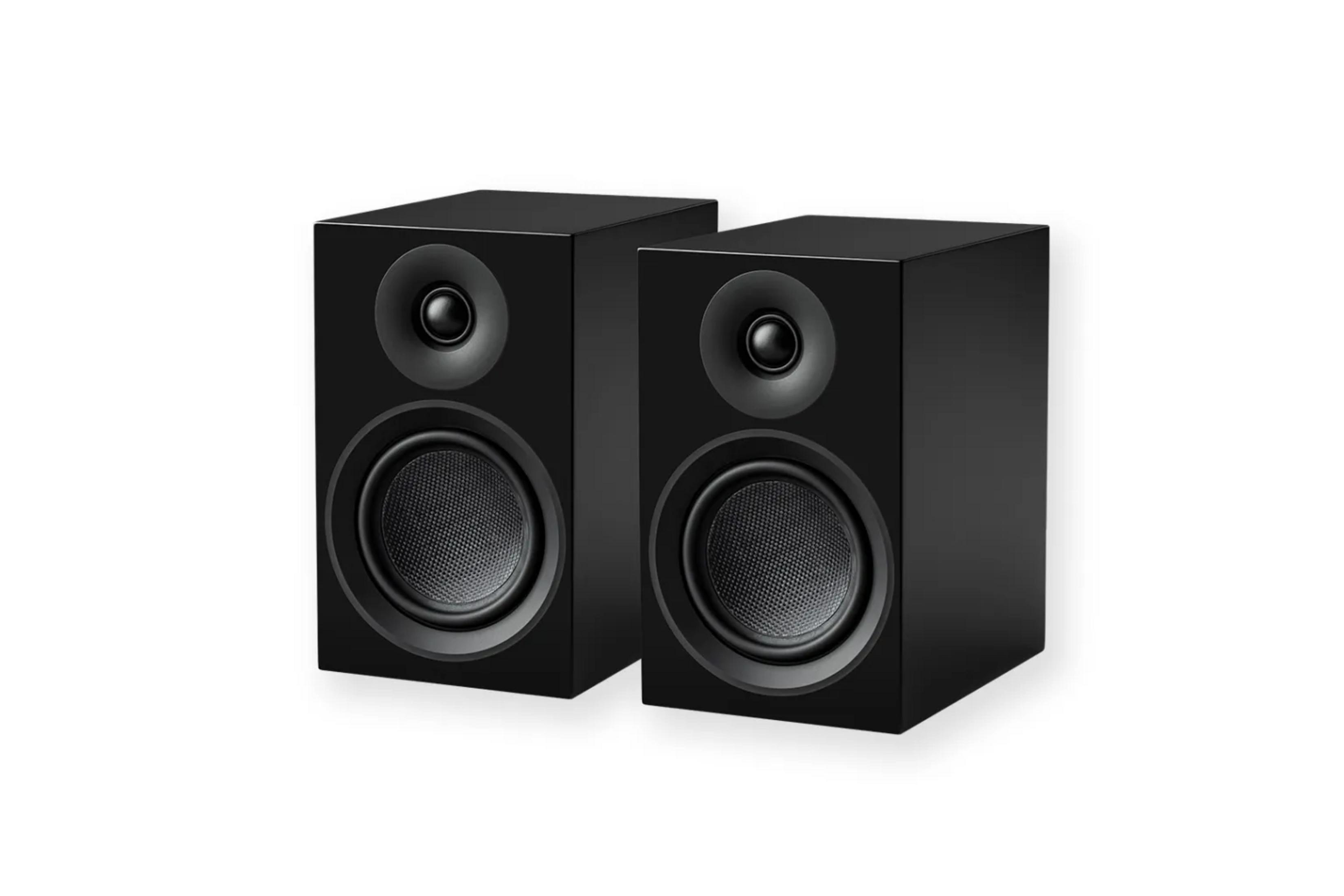 Dwa czarne głośniki z głośnikiem wysokotonowym i niskotonowym obok siebie.