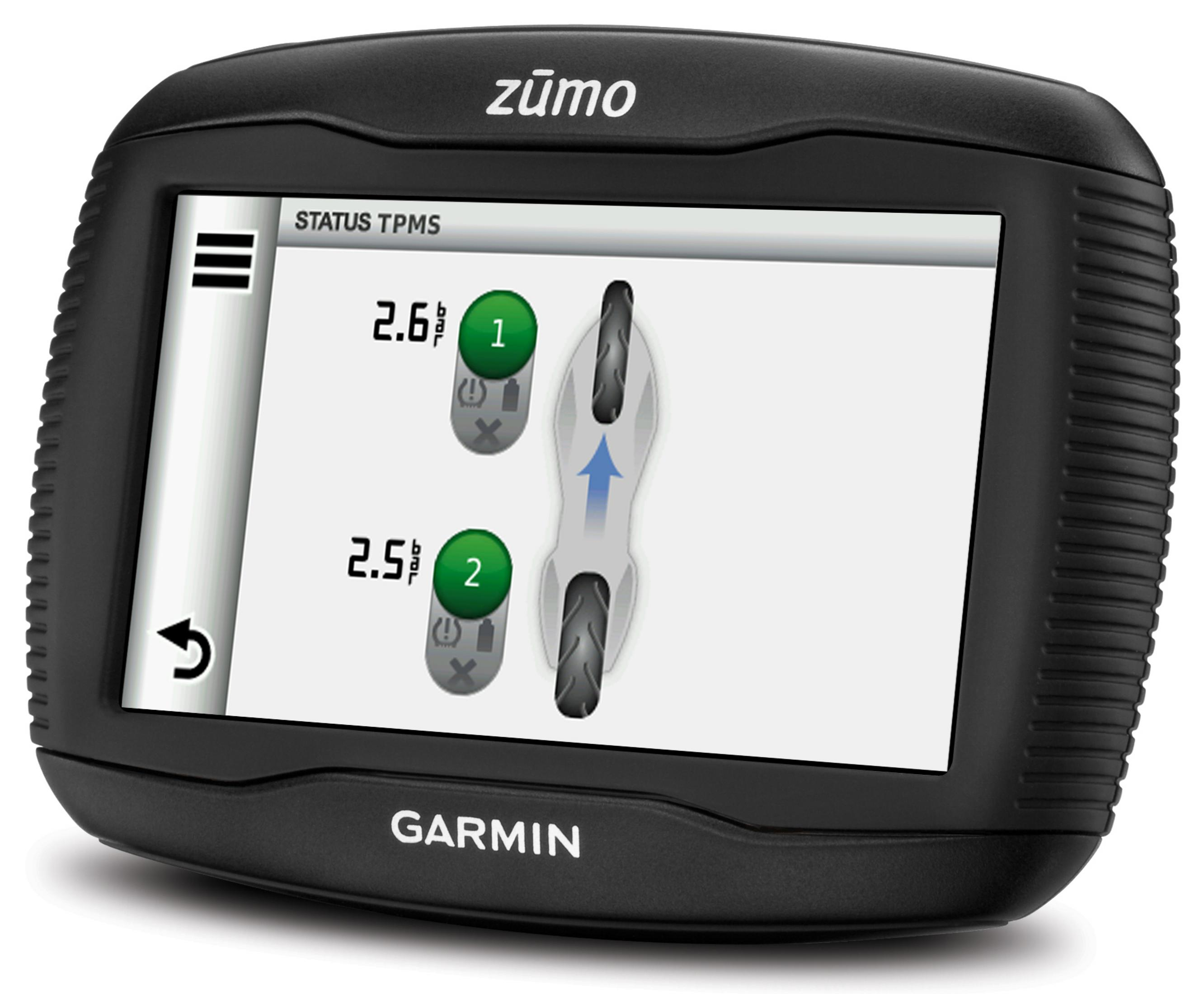 Garmin Zumo Navigationsgerät zeigt Reifendruck an. Vorderreifen 2.6 bar, Hinterreifen 2.5 bar.