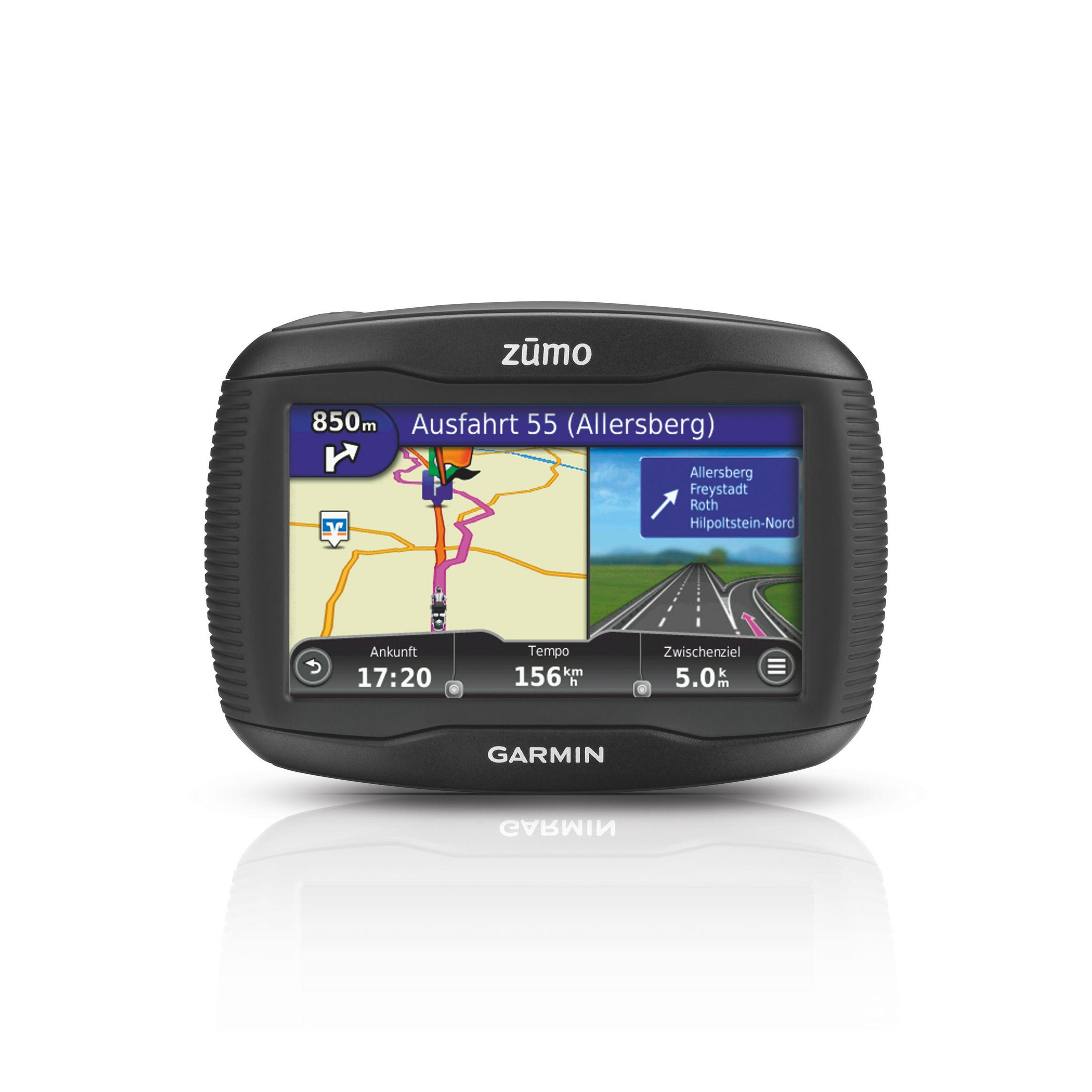 Garmin Zumo Navigationsgerät zeigt eine Karte und eine Straßenansicht.
