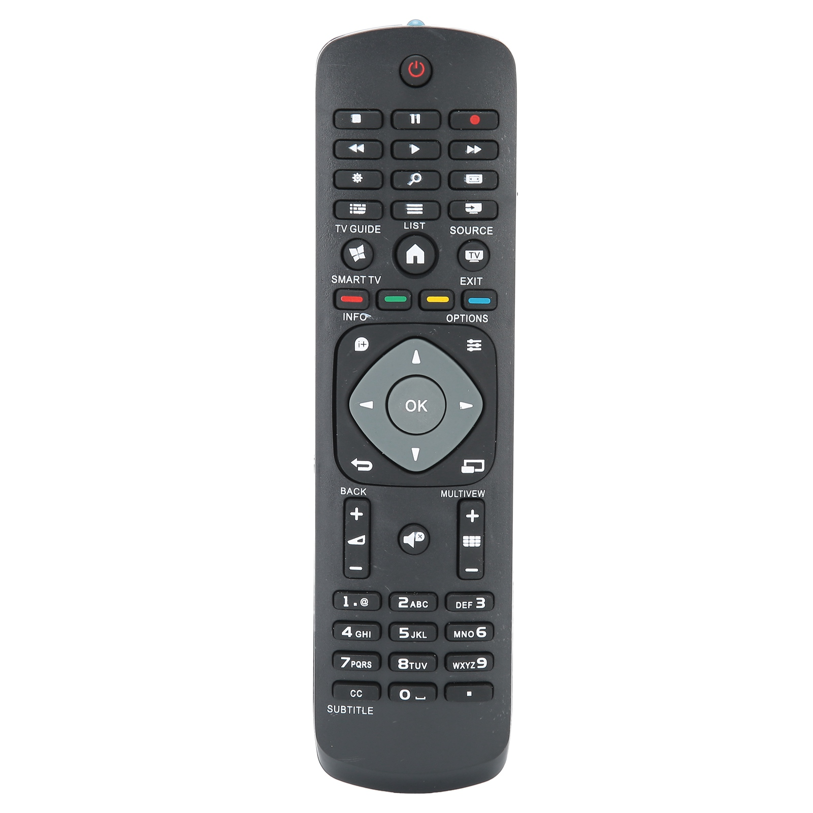 Mando a distancia de TV negro con botones para navegación, menús y números.