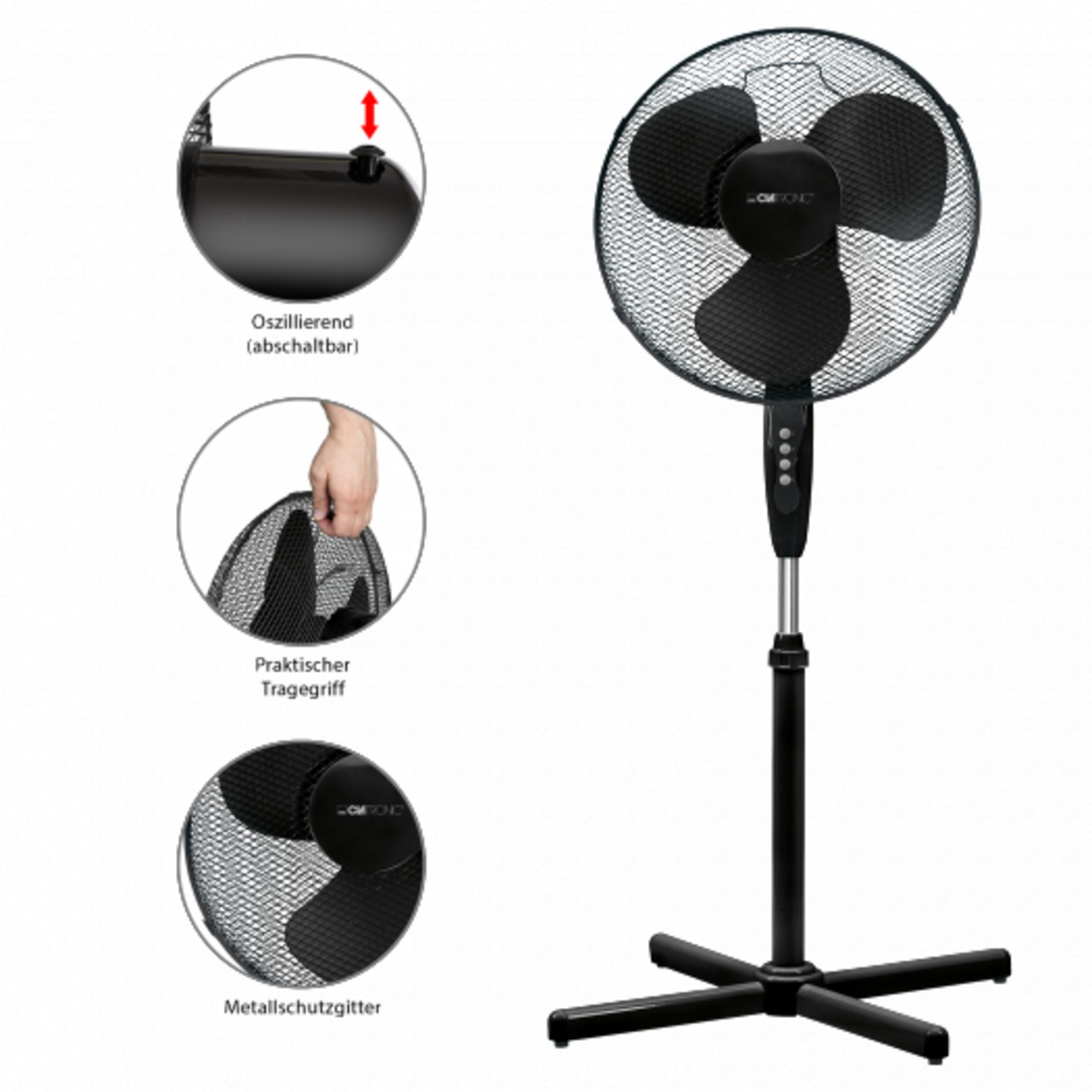 Czarny wentylator stojący z trzema łopatkami i metalową kratką ochronną.