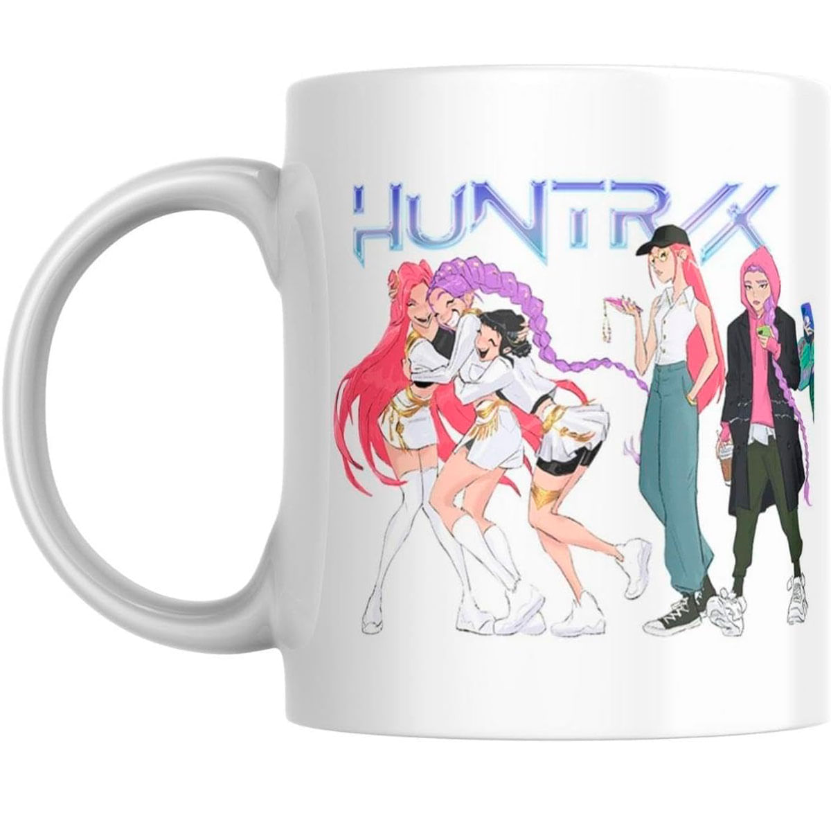Cinco chicas de anime vestidas, la palabra HUNTRX.