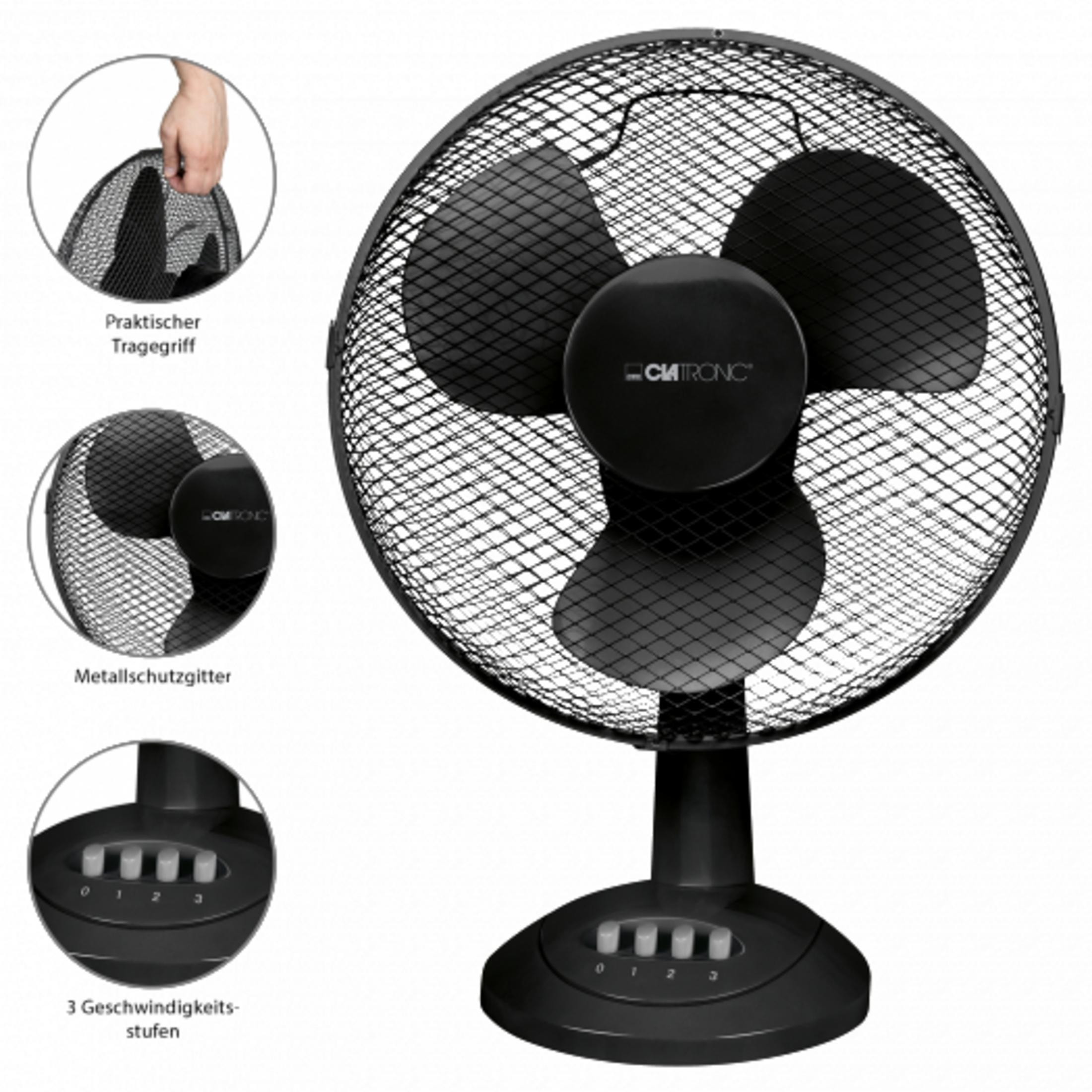 Czarny wentylator stołowy z trzema łopatkami i metalową kratką.