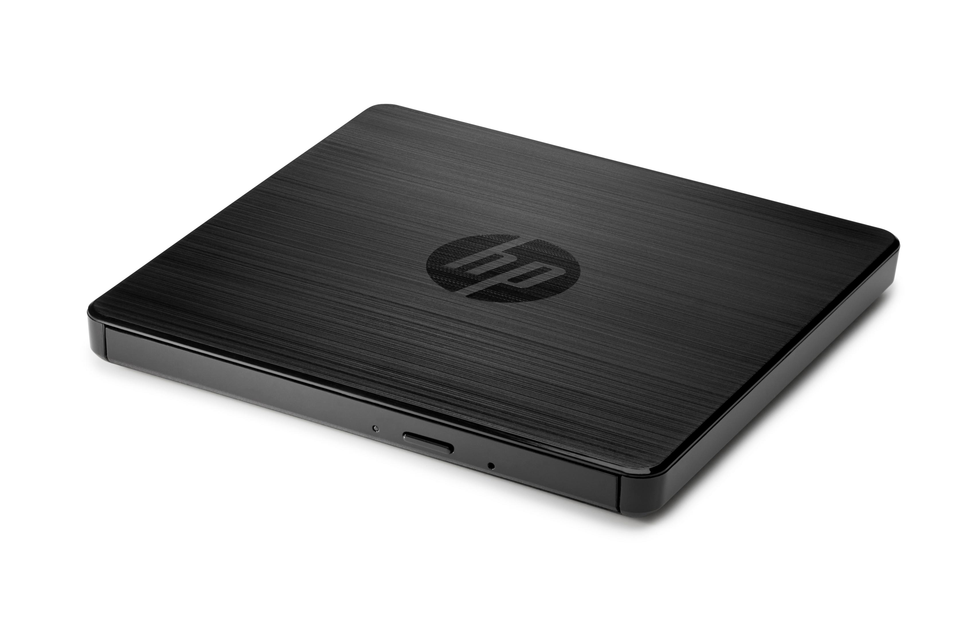 Black HP external DVD drive with a brushed finish.