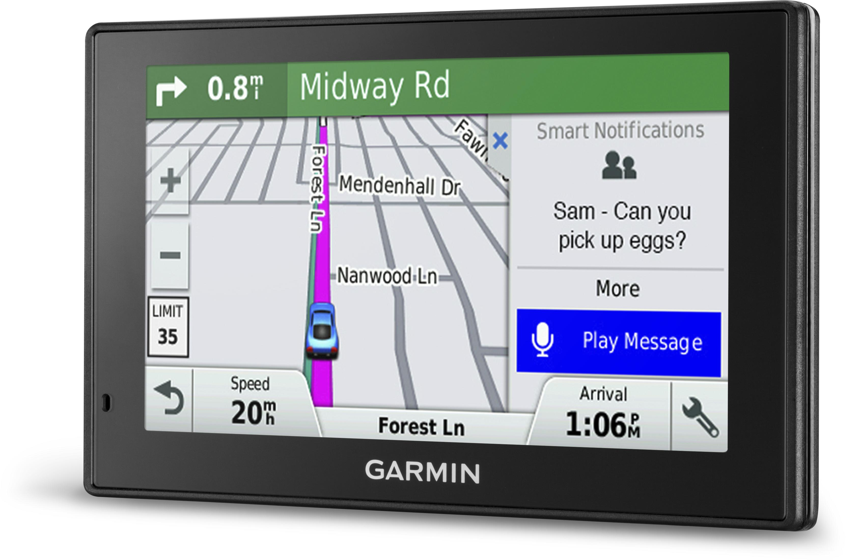 Nawigacja Garmin pokazuje mapę z trasą, powiadomieniem, prędkością i czasem przyjazdu.