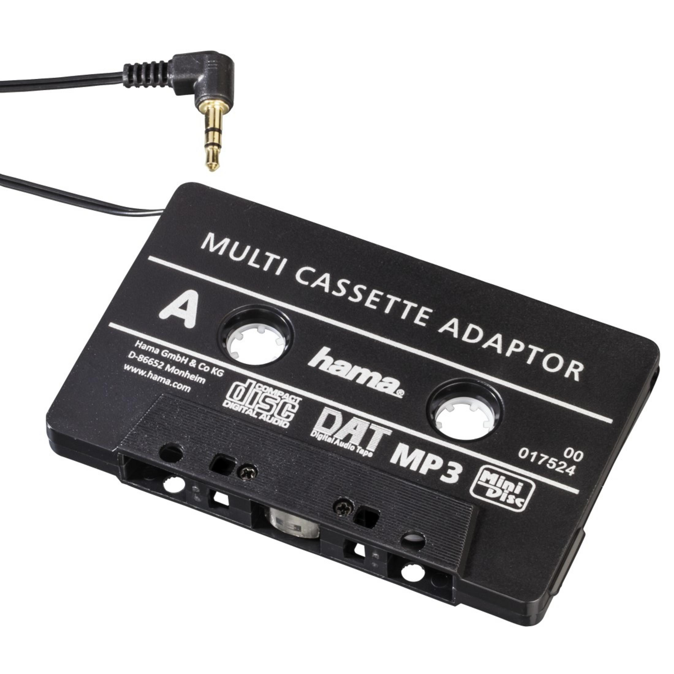 Schwarzer Kassettenadapter mit 3,5-mm-Klinkenstecker und Hama-Logo.