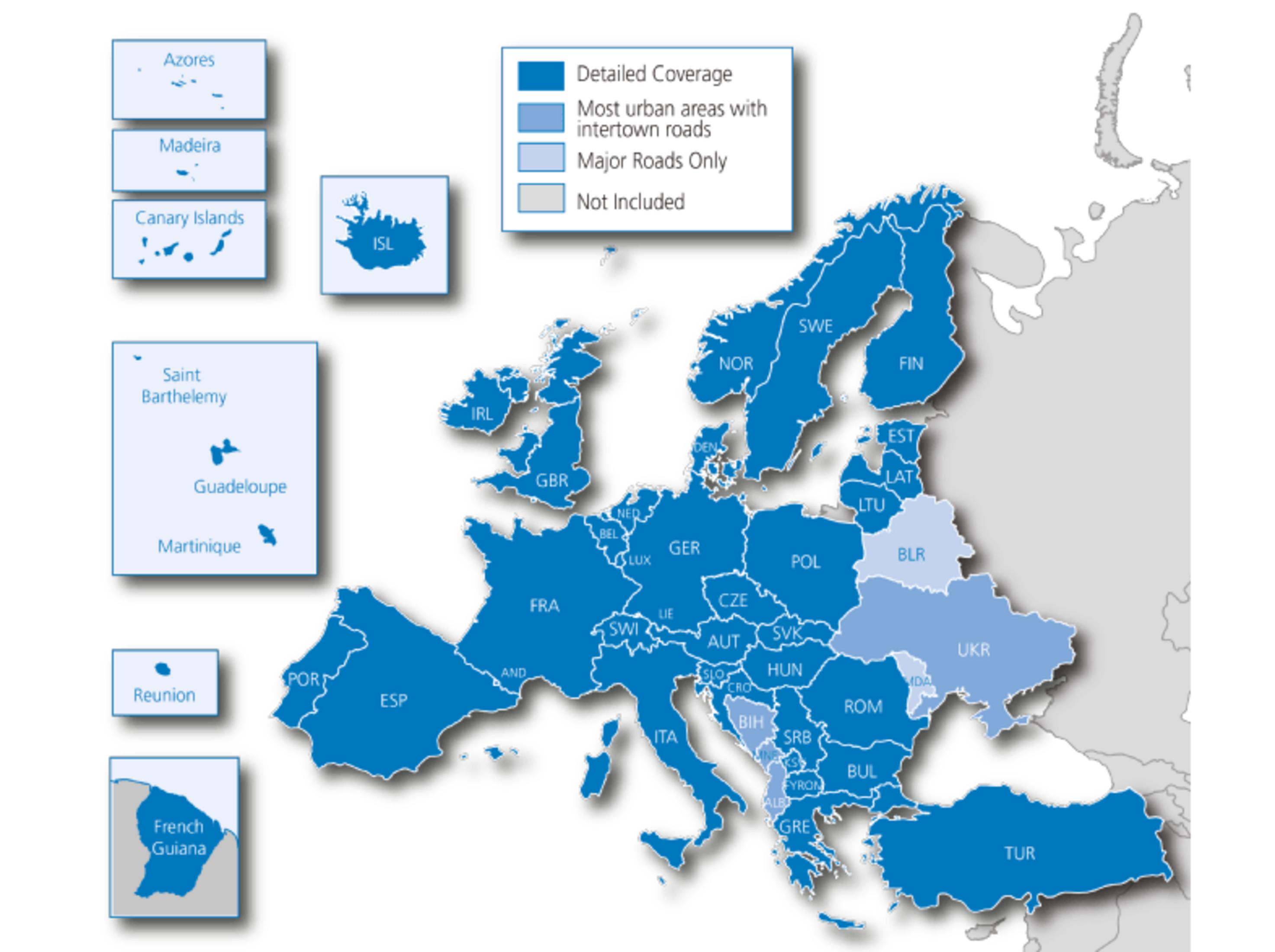 Karte von Europa mit Abdeckungsstufen: Detailliert, Städte, Hauptstraßen, nicht enthalten.