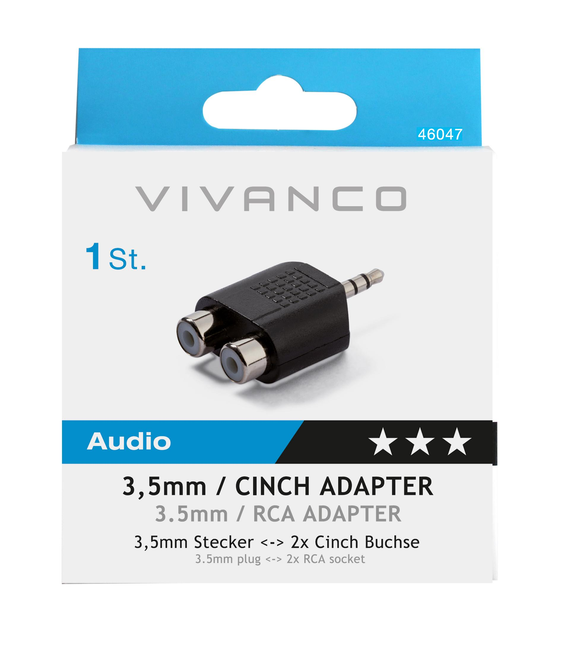 Un adaptador de 3,5 mm a 2x RCA negro de Vivanco en embalaje blanco.