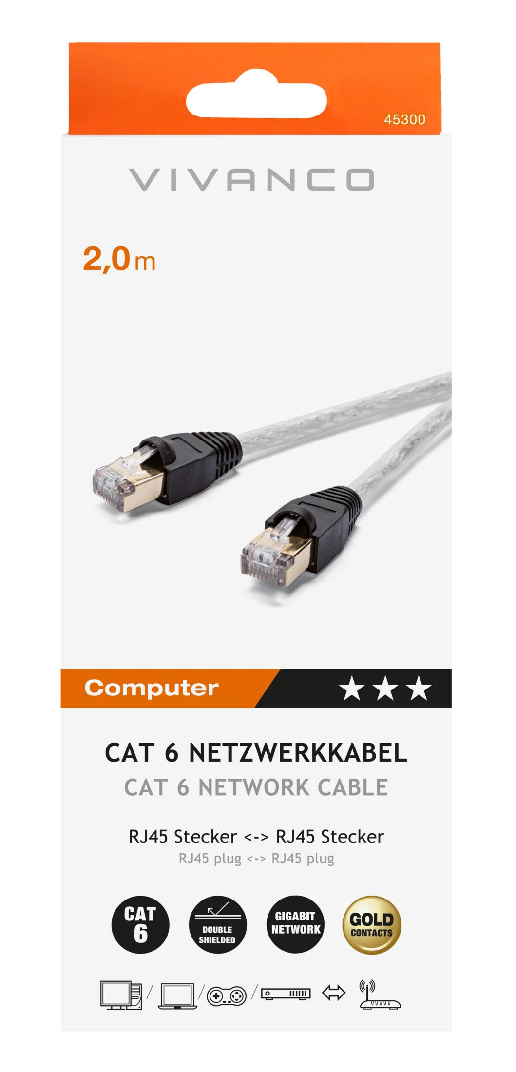 Vivanco Cat 6 Netzwerkkabel, 2m, mit RJ45-Steckern, doppelt geschirmt.