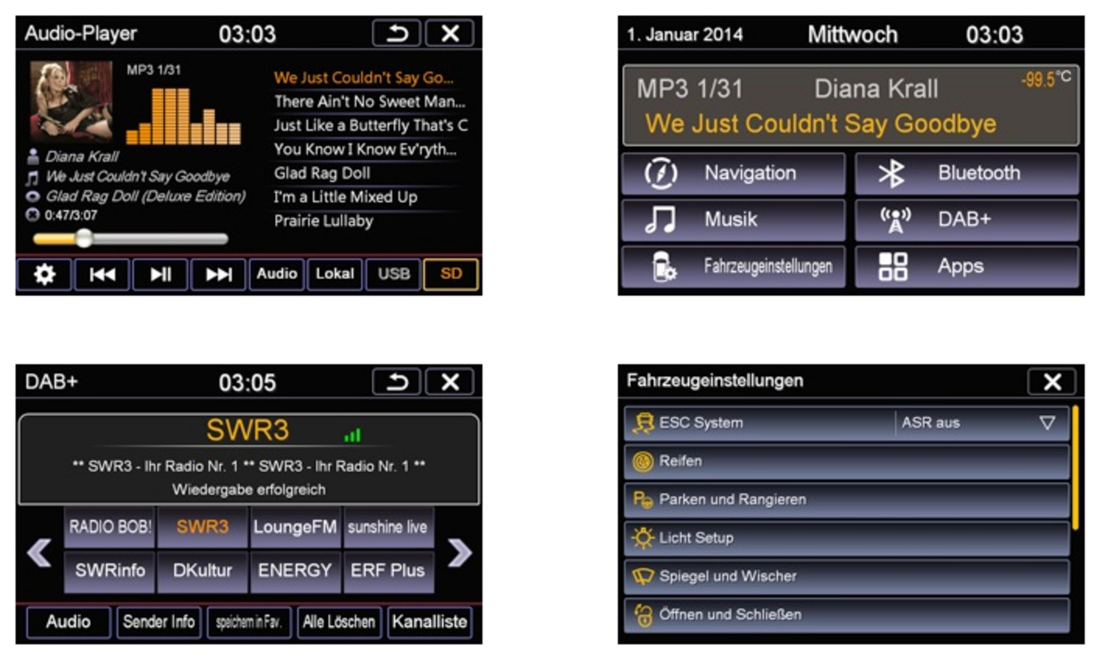 Ein Auto-Infotainmentsystem zeigt vier Bildschirme an: Audioplayer, Hauptmenü, Radio und Fahrzeugeinstellungen.