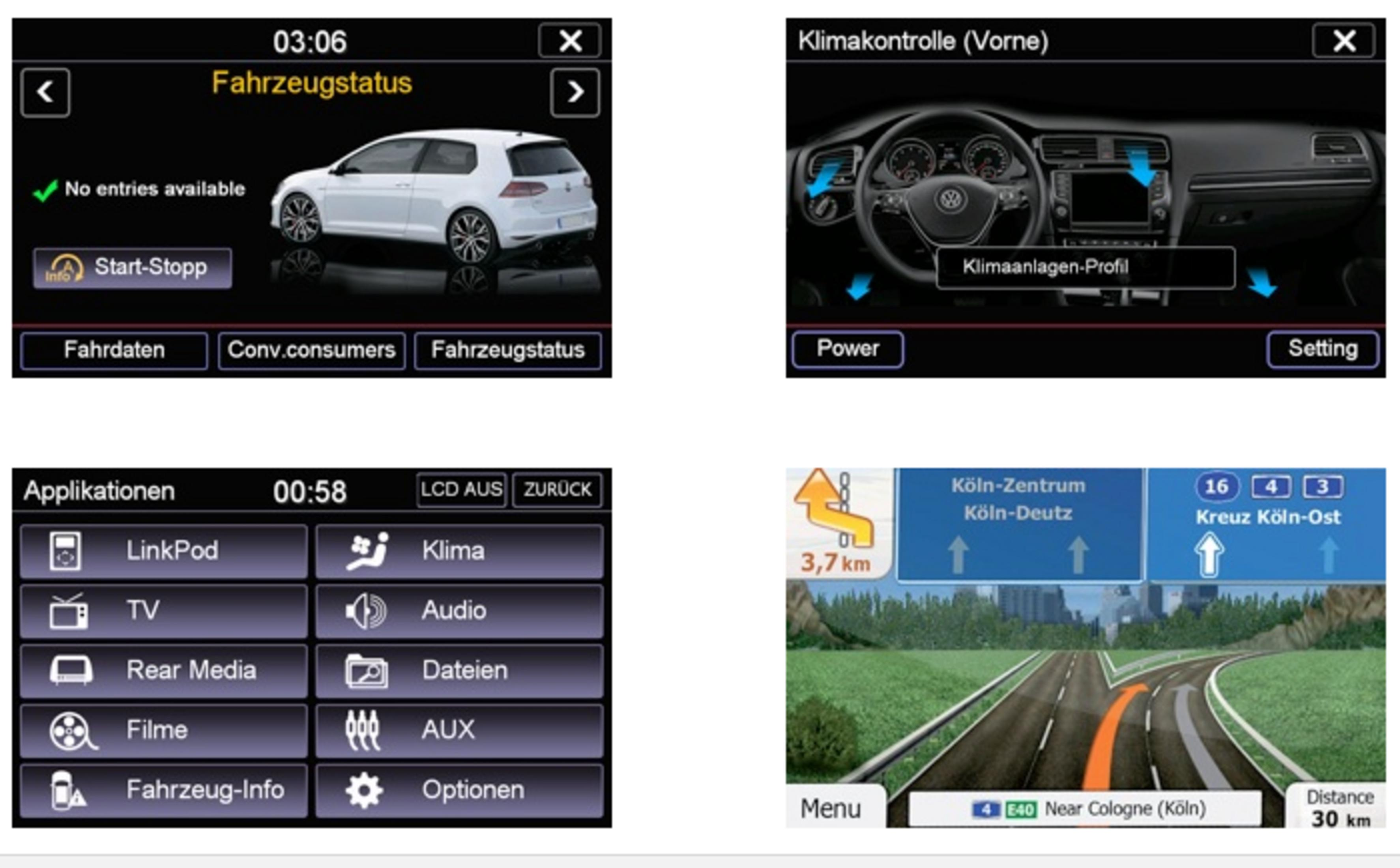 Eine Collage aus vier Infotainment-Bildschirmen im Auto: Fahrzeugstatus, Klimasteuerung, Apps-Menü und Navigation mit Straßenansicht.