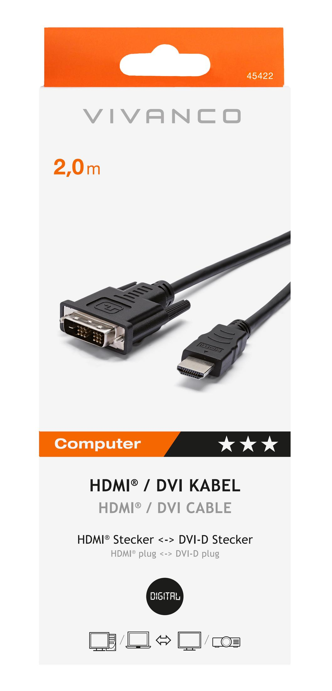 Un cavo HDMI/DVI da 2 m con un connettore HDMI e uno DVI.