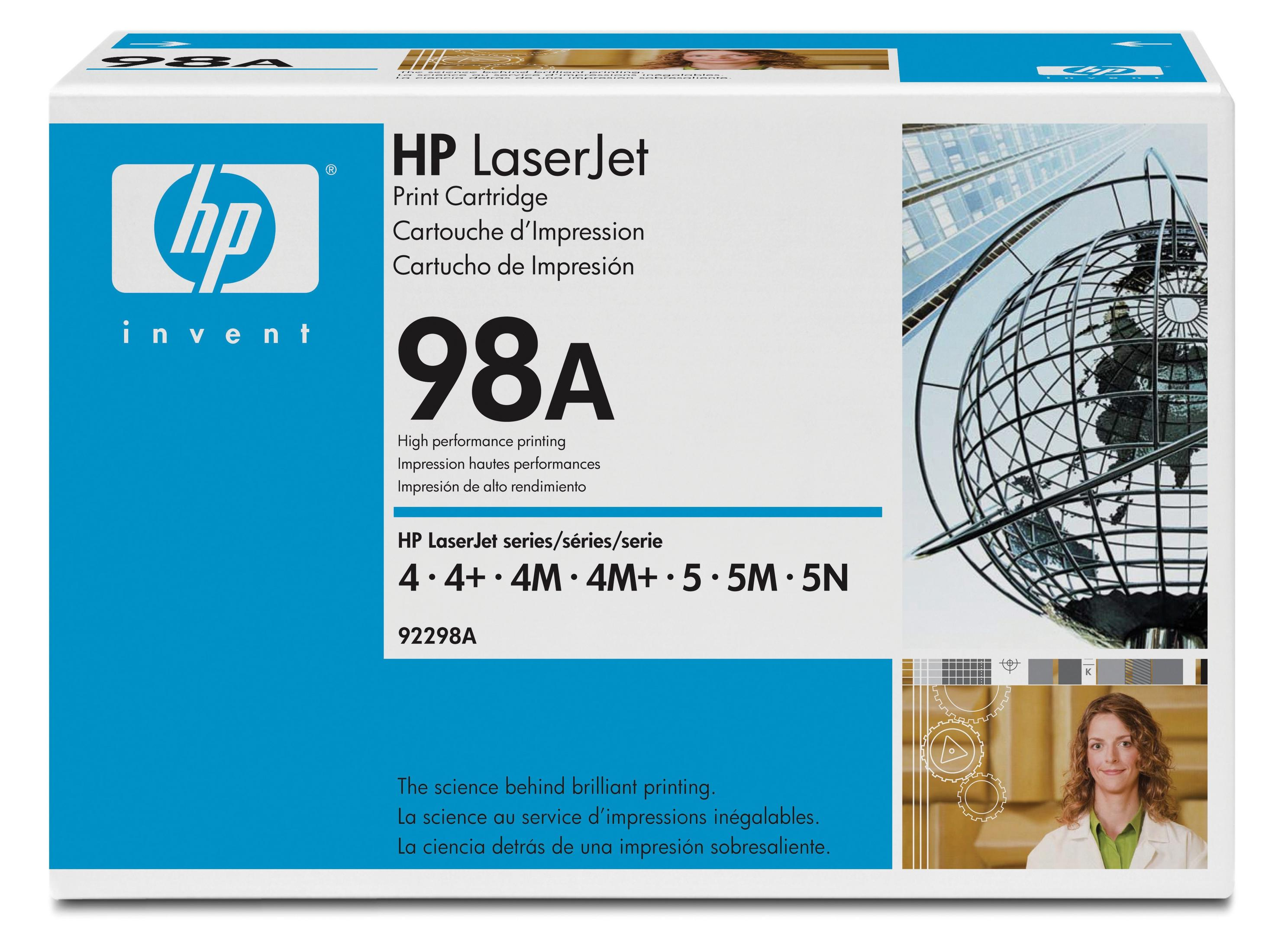 Cartuccia di stampa HP LaserJet 98A su scatola bianca con logo HP, globo e donna.