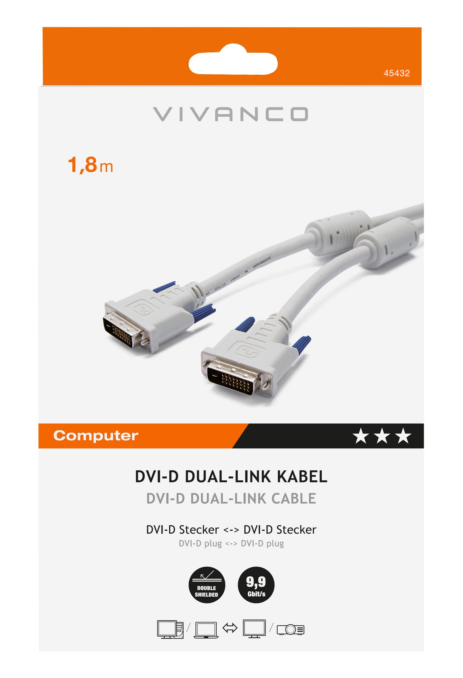 Un câble DVI-D dual-link de 1,8 m avec connecteurs blancs et accents bleus.