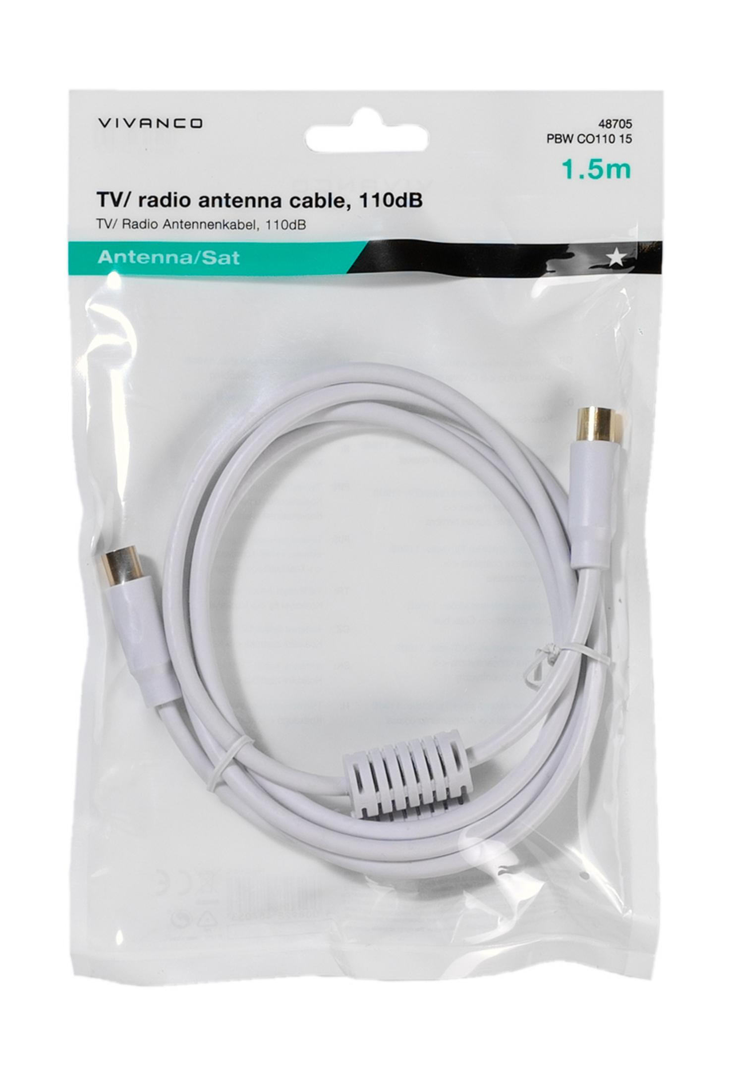 Cable de antena blanco de 1,5m con conectores dorados, empaquetado.