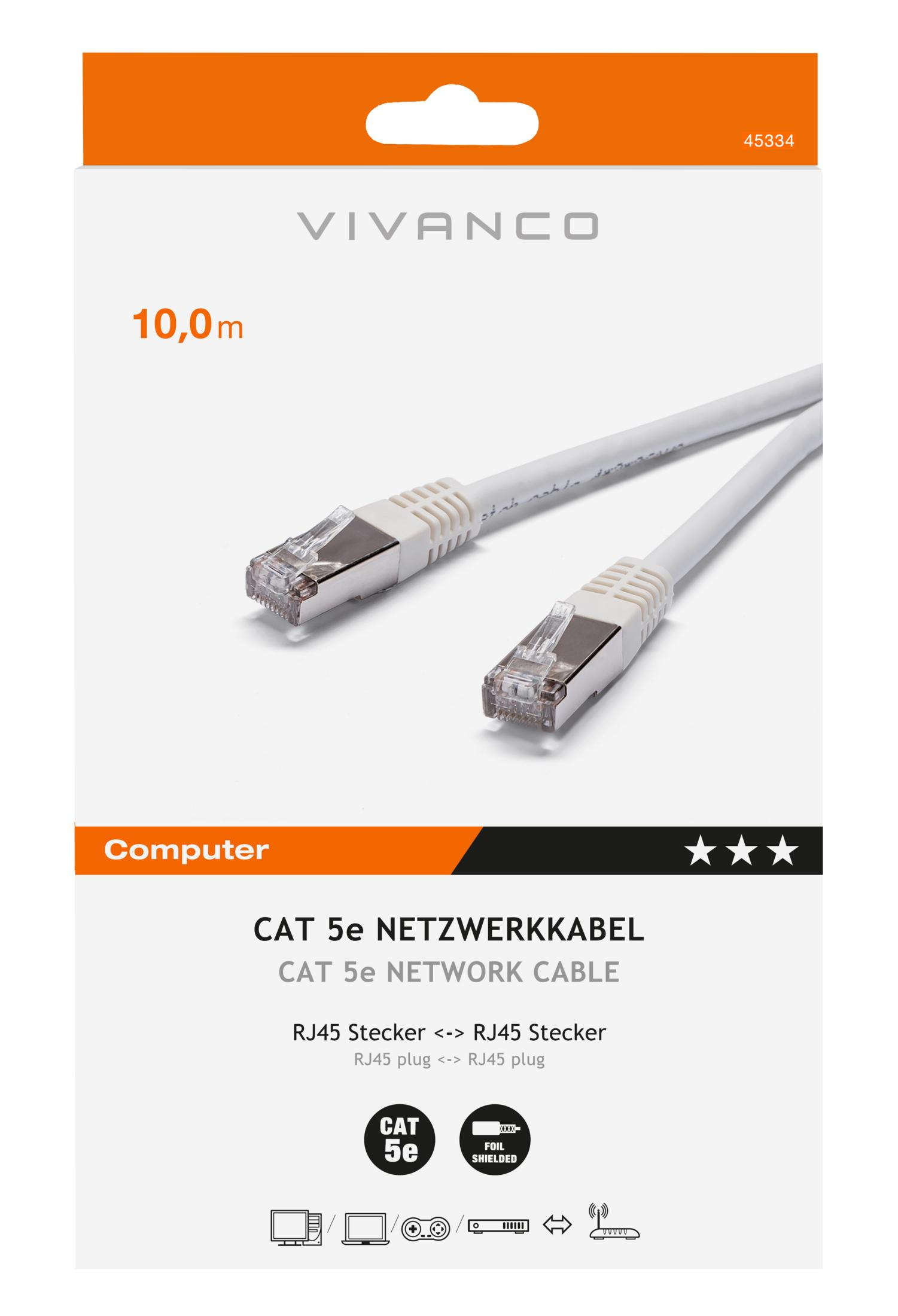 Ein weißes CAT 5e Netzwerkkabel von Vivanco, 10m lang, mit RJ45-Steckern.