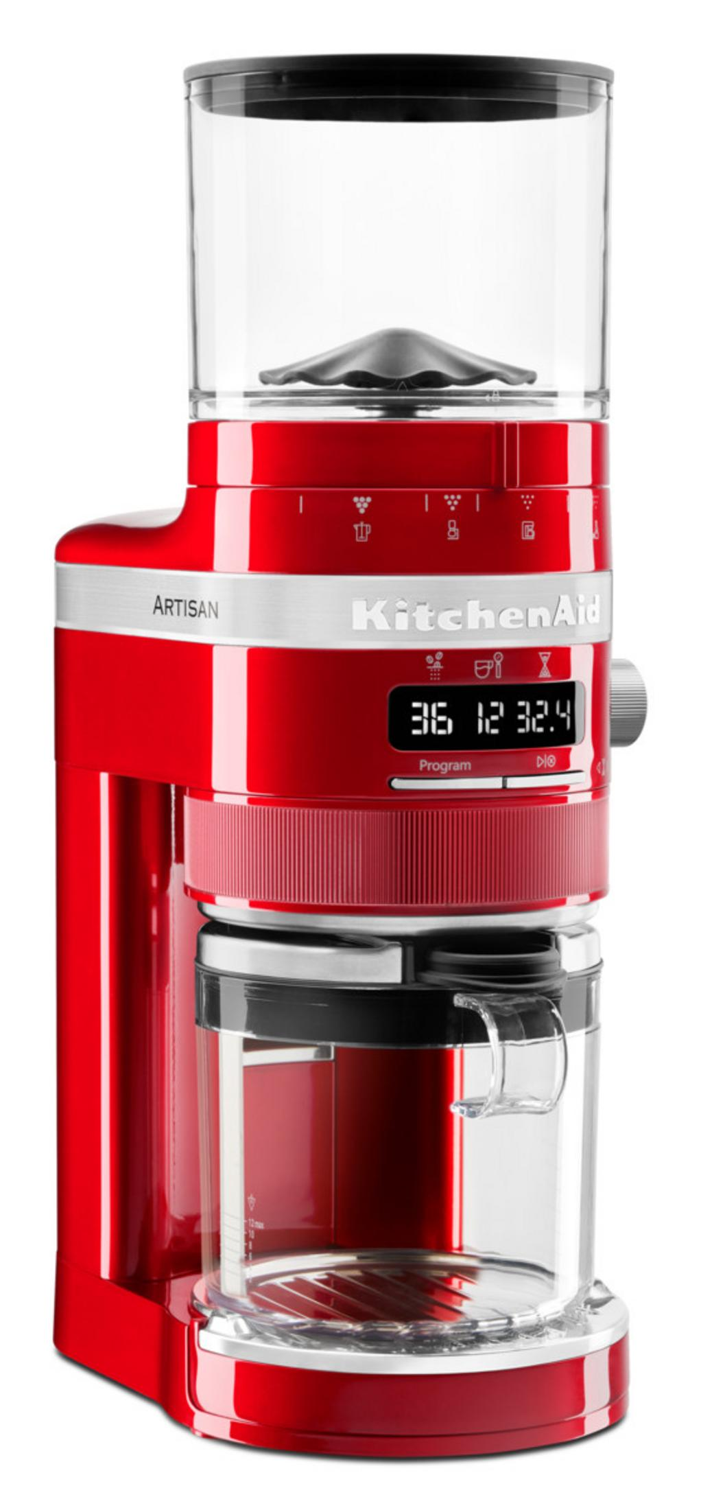 Ein roter KitchenAid Kaffeemühle mit klarem Behälter und digitaler Anzeige.