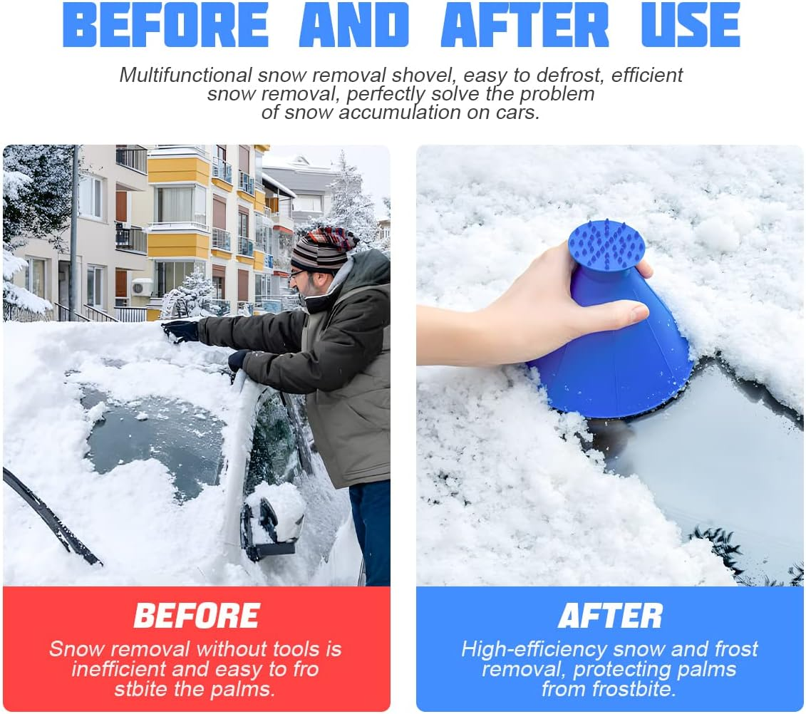 Mann räumt Schnee vom Auto davor; blauer Schneeschaber in Hand danach.