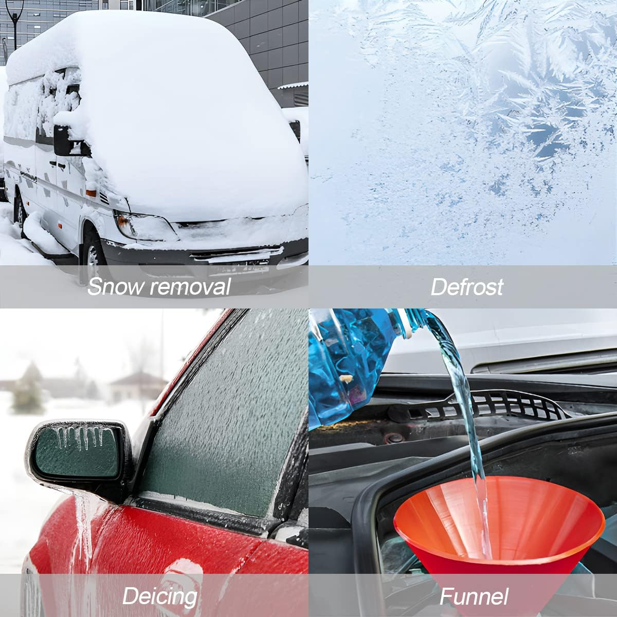 Vier Bilder von Autos im Winter: Schneeentfernung, Frost, Enteisung, Einfüllen von Flüssigkeit.