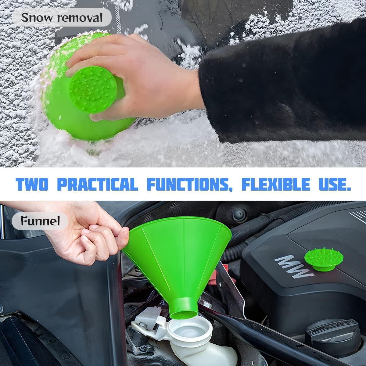 Grüner Trichter als Schneeschaber und zum Einfüllen von Flüssigkeiten in einen Motor.