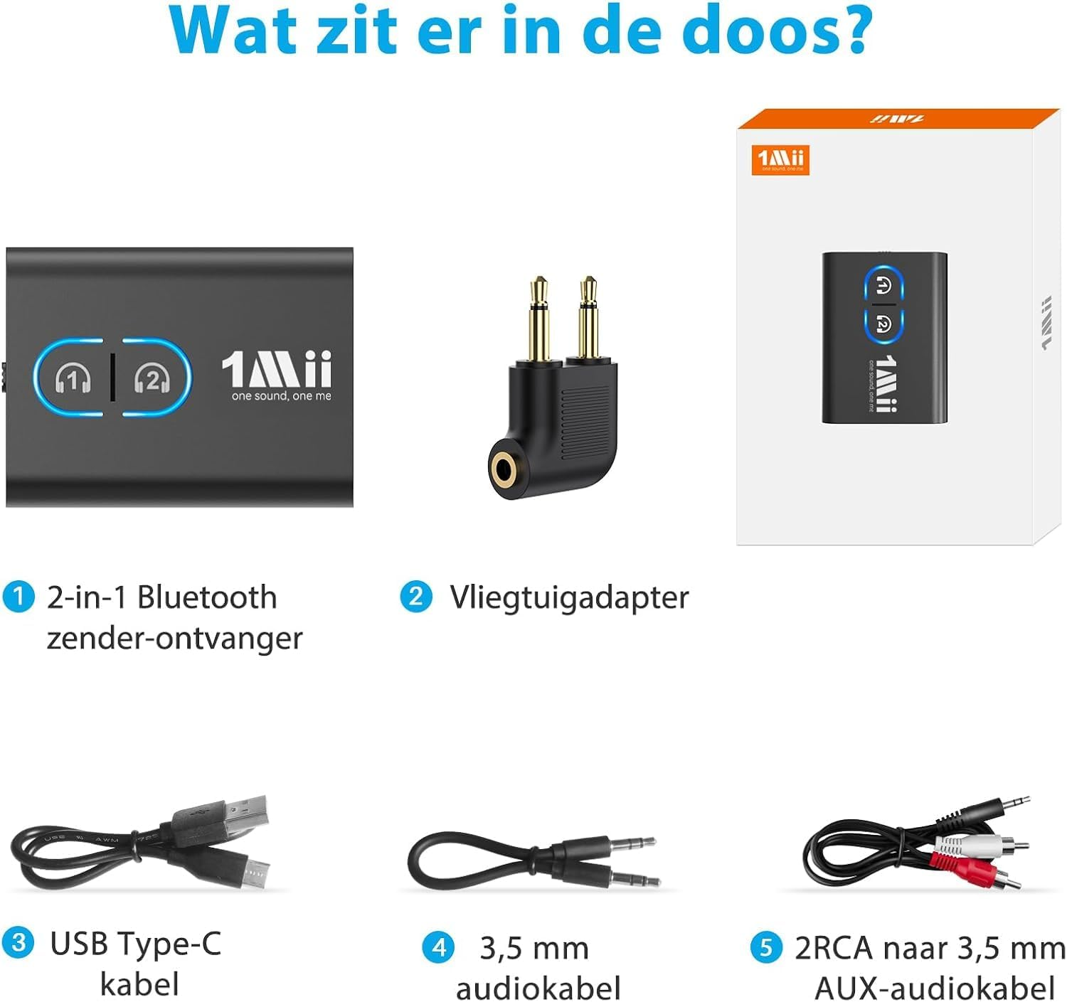 Zawartość pudełka 1Mii: adapter Bluetooth, adapter samolotowy, kabel USB-C, kabel 3,5 mm, kabel 2RCA.