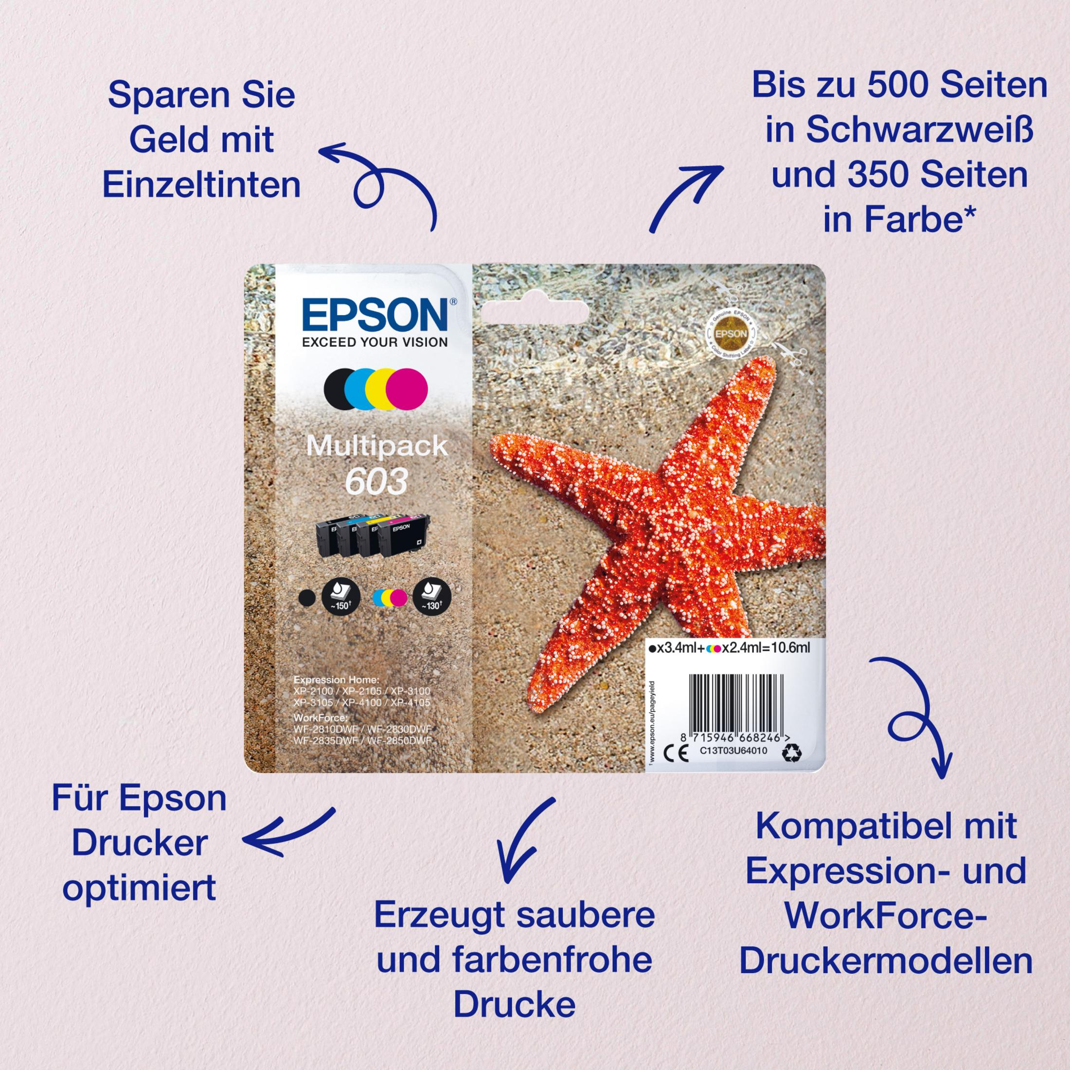 Epson Multipack 603 Tintenpatronen mit rotem Seestern auf sandigem Untergrund.
