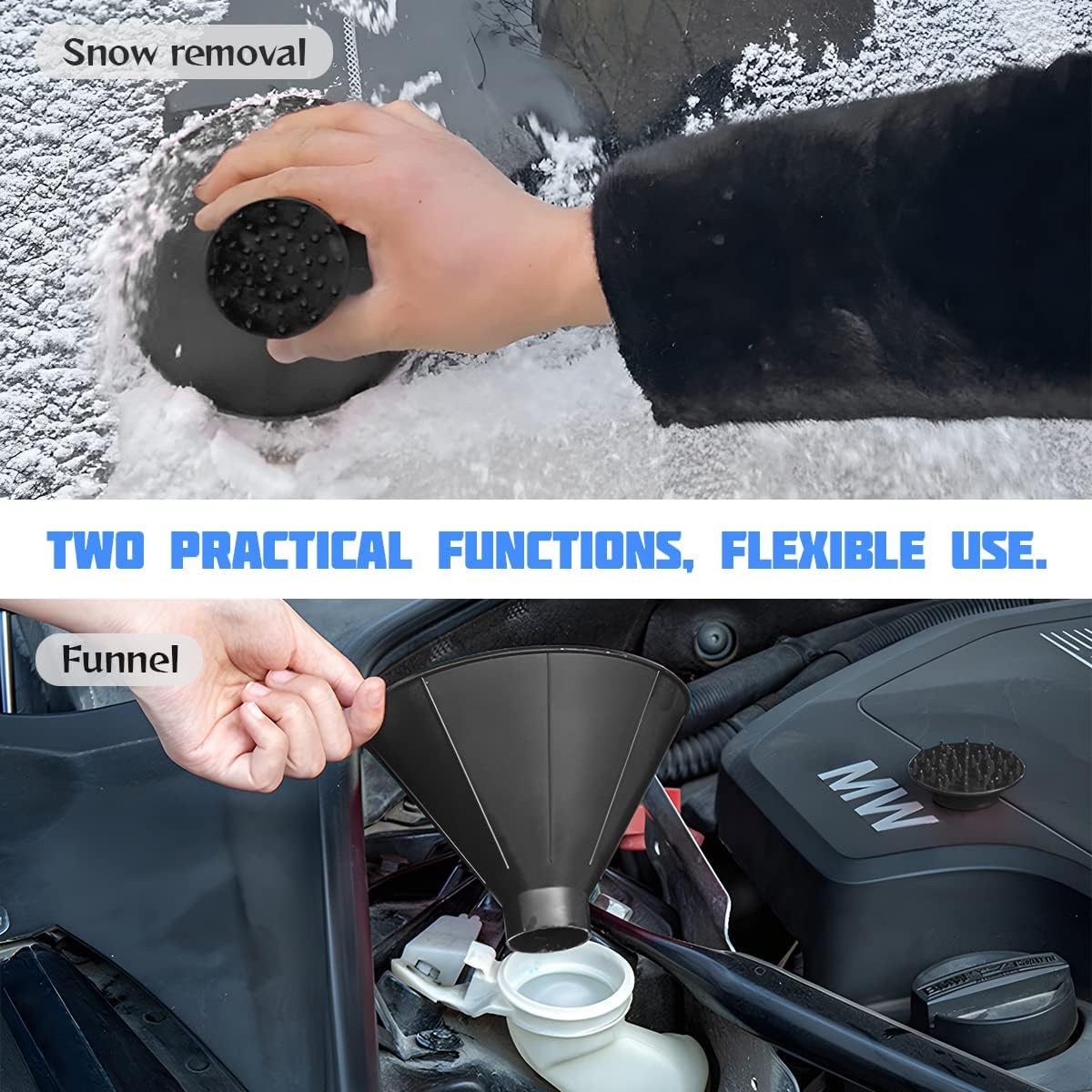 Ein Werkzeug entfernt Schnee, ein Trichter wird in einen Motor eingeführt.