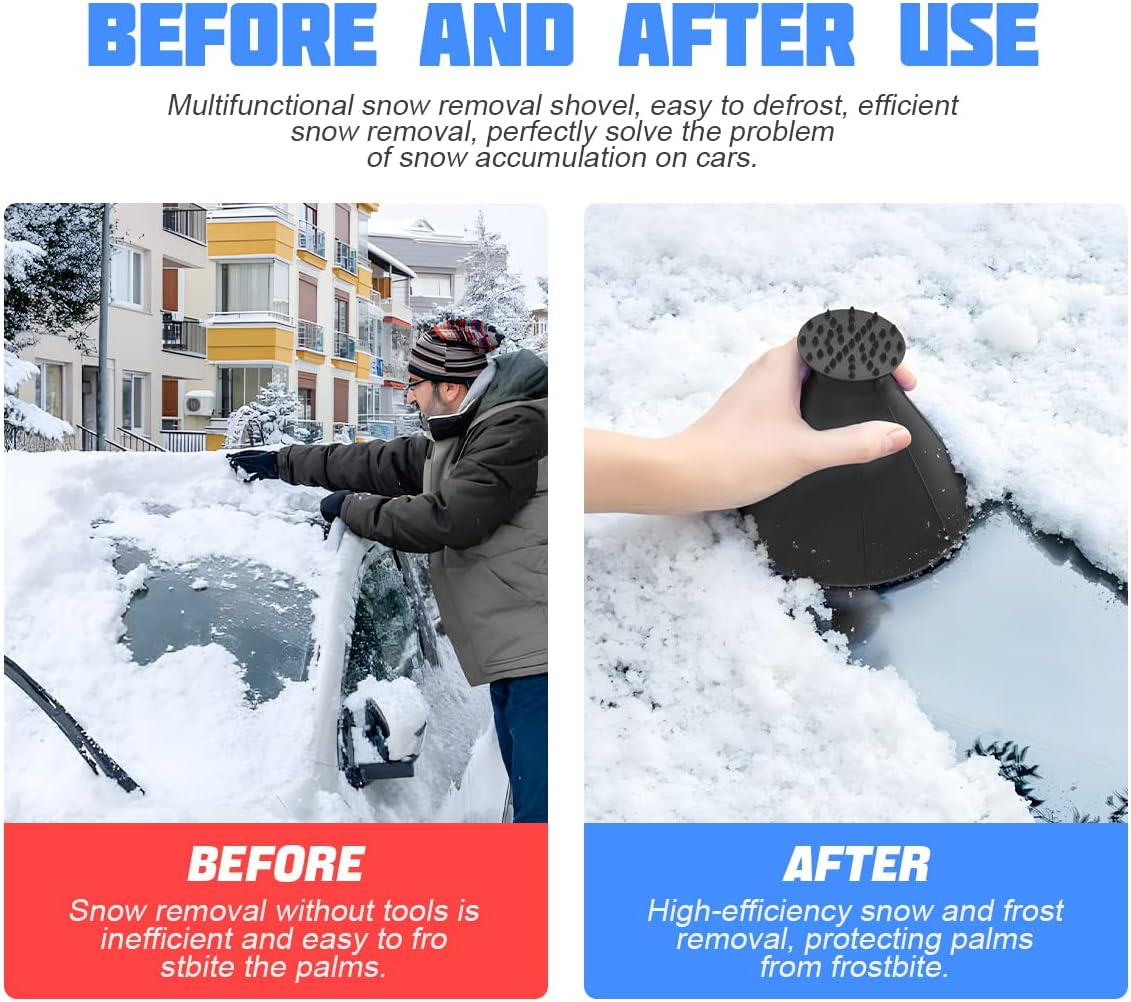 Mann schaufelt Schnee vom Auto, rechts Hand hält einen schwarzen Schneeentferner.