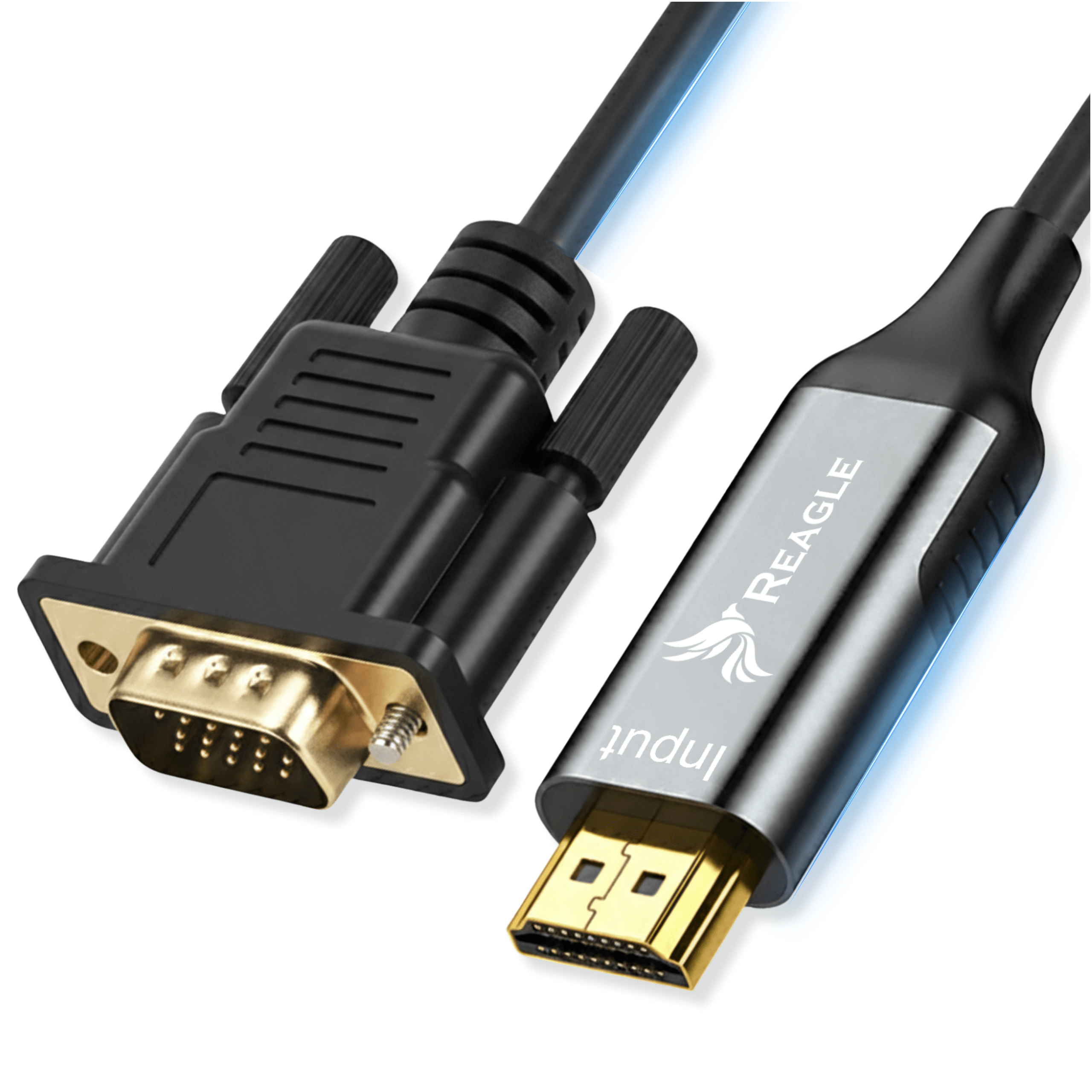 Czarny kabel VGA i kabel HDMI ze złotymi złączami.
