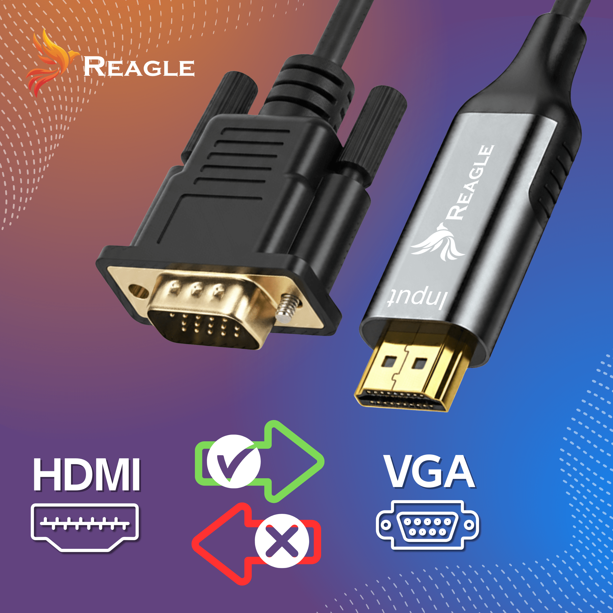 Kabel adaptera HDMI na VGA z logo Reagle, symbolami zaznaczenia i krzyżyka.