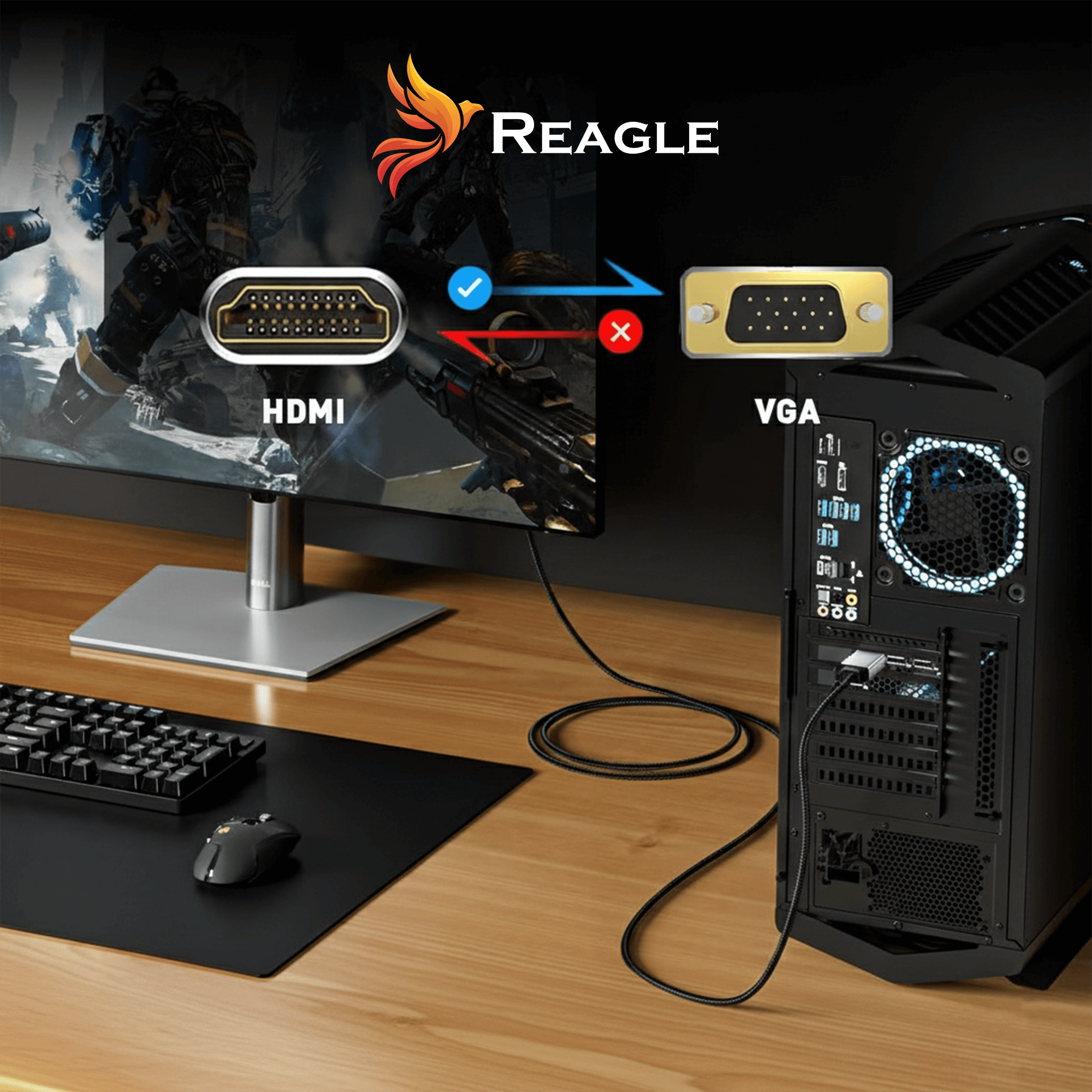 Pokazano porty HDMI i VGA, z komputerem i monitorem.