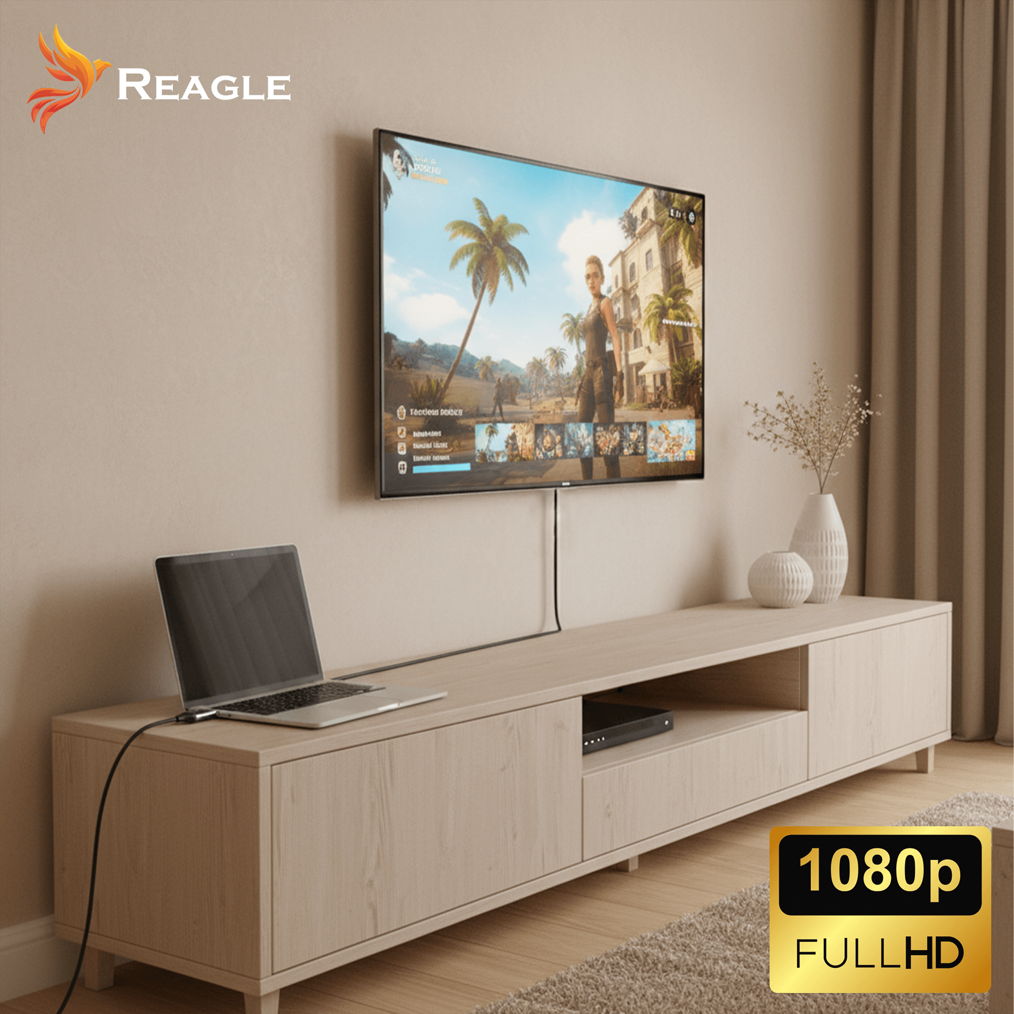 Nowoczesny salon z telewizorem, laptopem i szafką RTV.