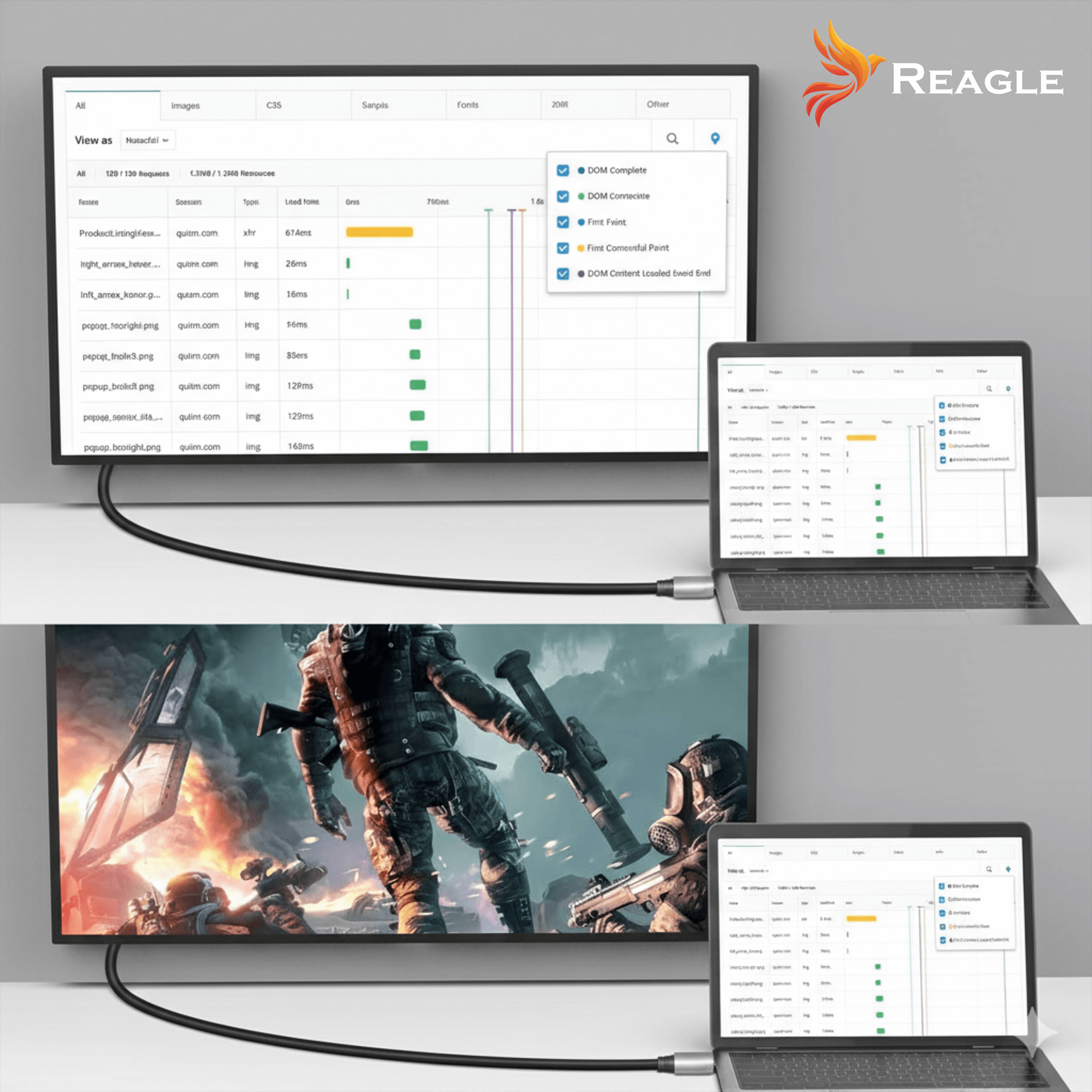 Dwa ekrany wyświetlają analizę danych, jeden z obrazem gry.