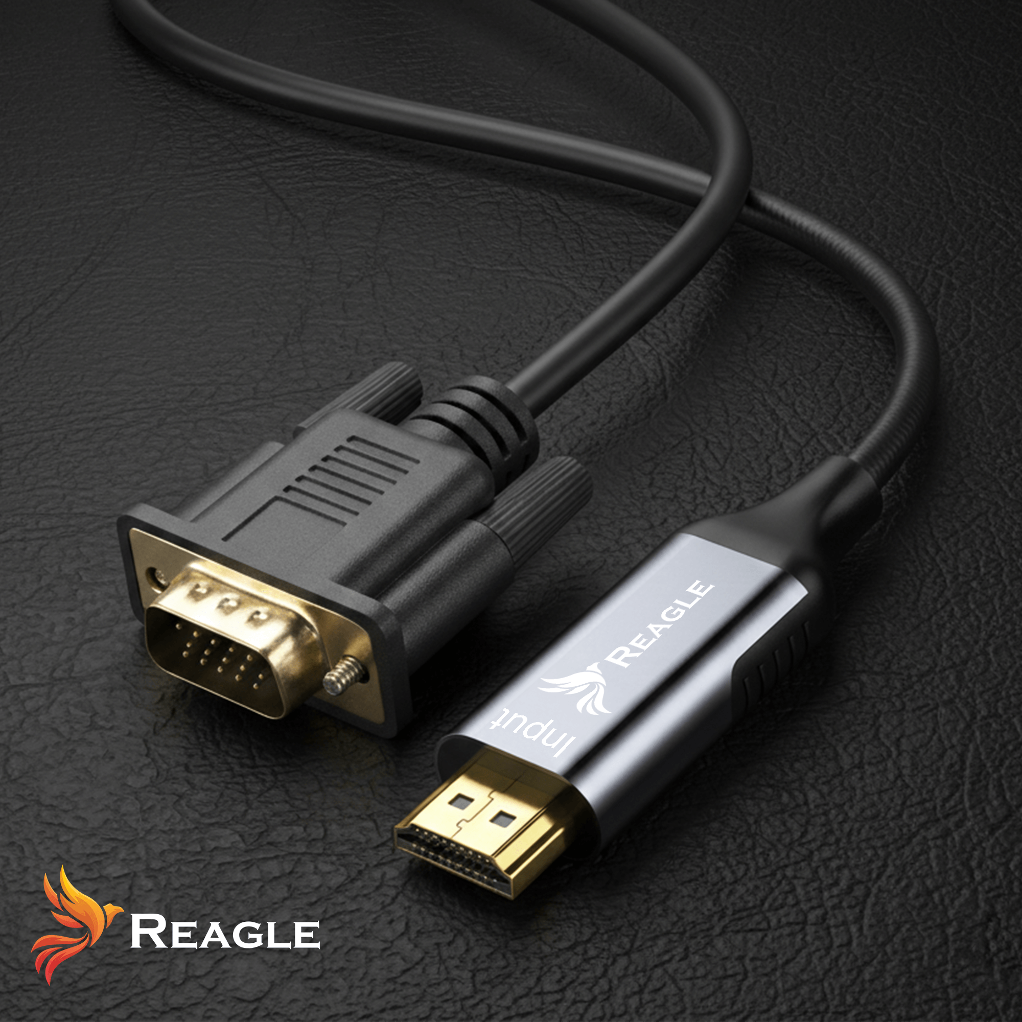 Czarny kabel ze złączami VGA i HDMI na czarnym skórzanym tle.