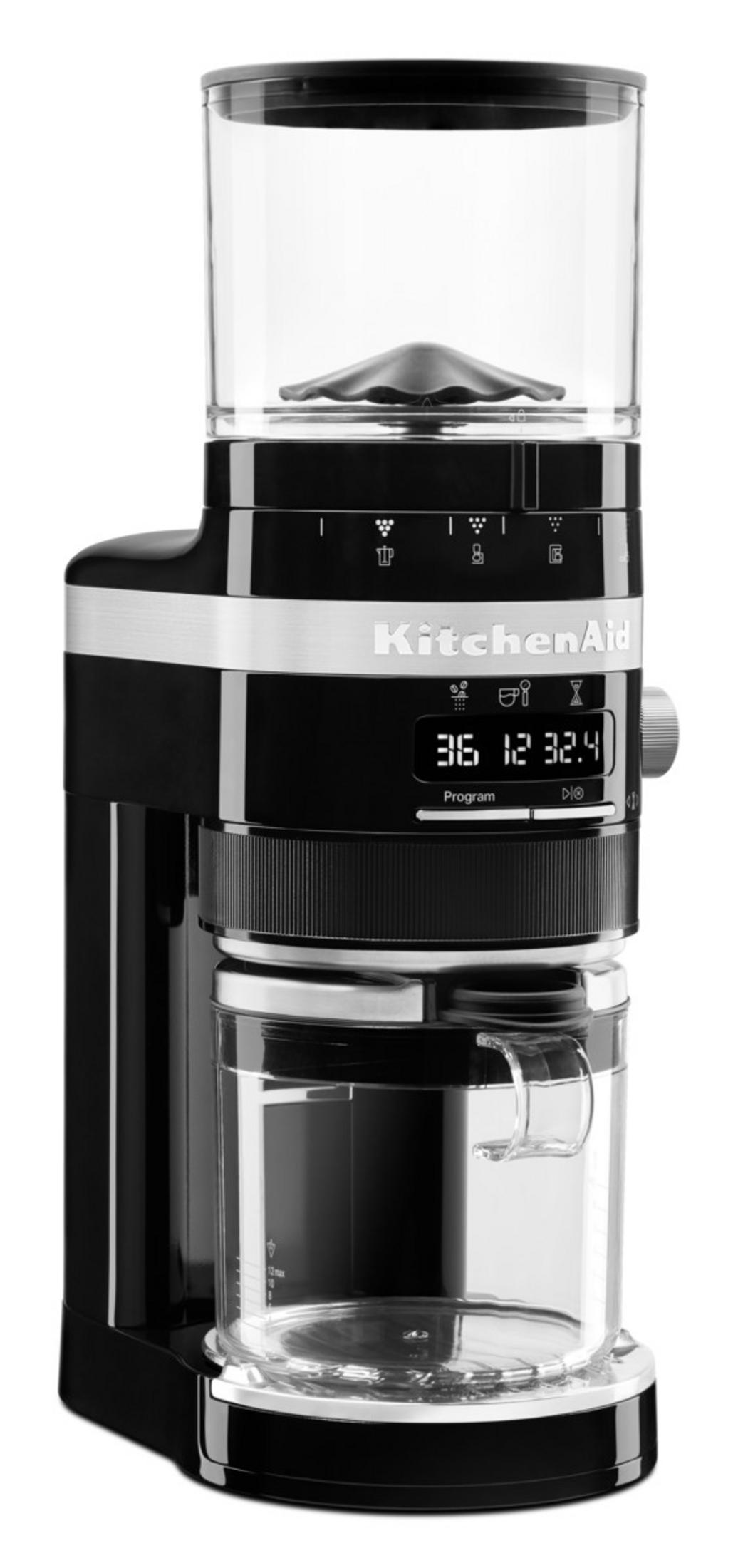 Schwarzer KitchenAid Kaffeemühle mit Glasbehälter und digitaler Anzeige.