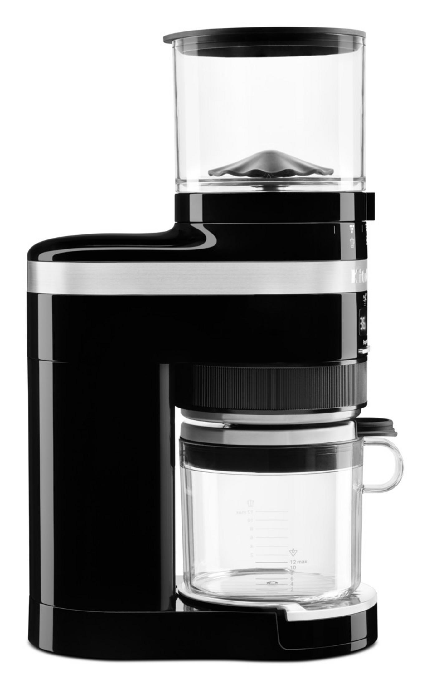 Schwarzer Kaffeemühlen-Kaffeeautomat mit Glasbehälter und Mahlwerk.