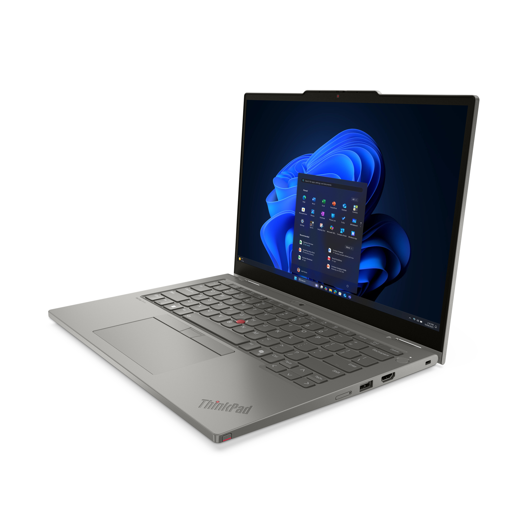 Ein graues ThinkPad-Laptop mit eingeschaltetem Bildschirm und geöffnetem Menü.
