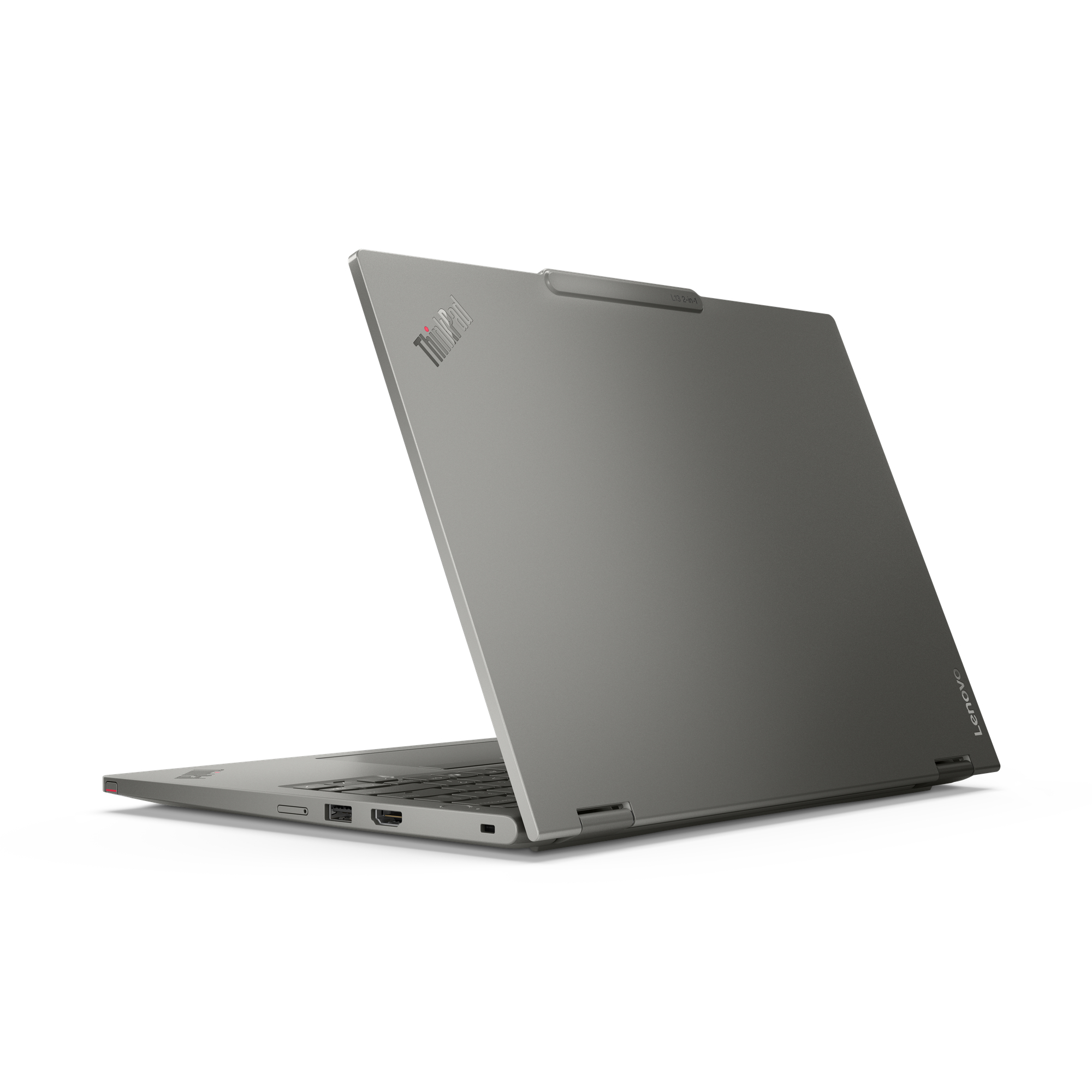 Ein graues Lenovo ThinkPad 2-in-1-Laptop, von hinten mit geöffnetem Bildschirm.