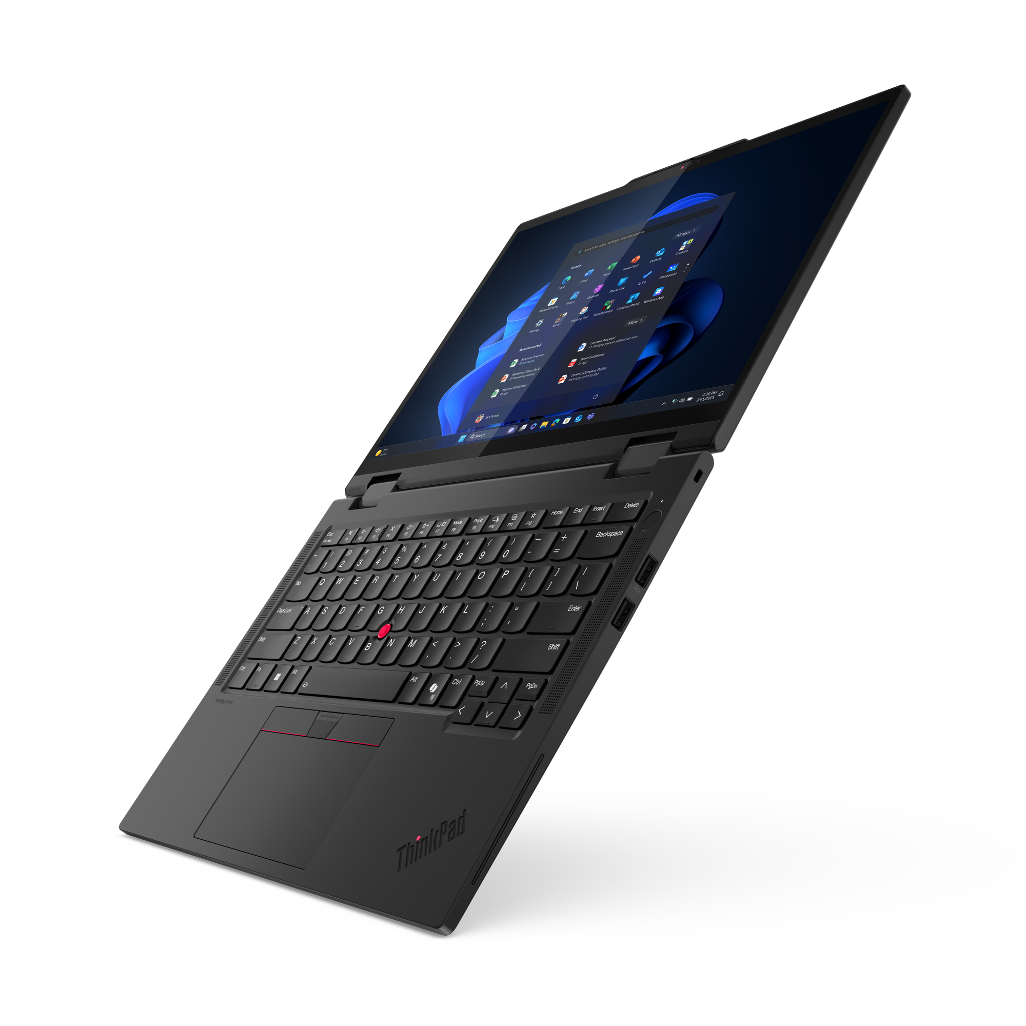 Ein schwarzer Lenovo ThinkPad Laptop mit geöffnetem Bildschirm und Tastatur.