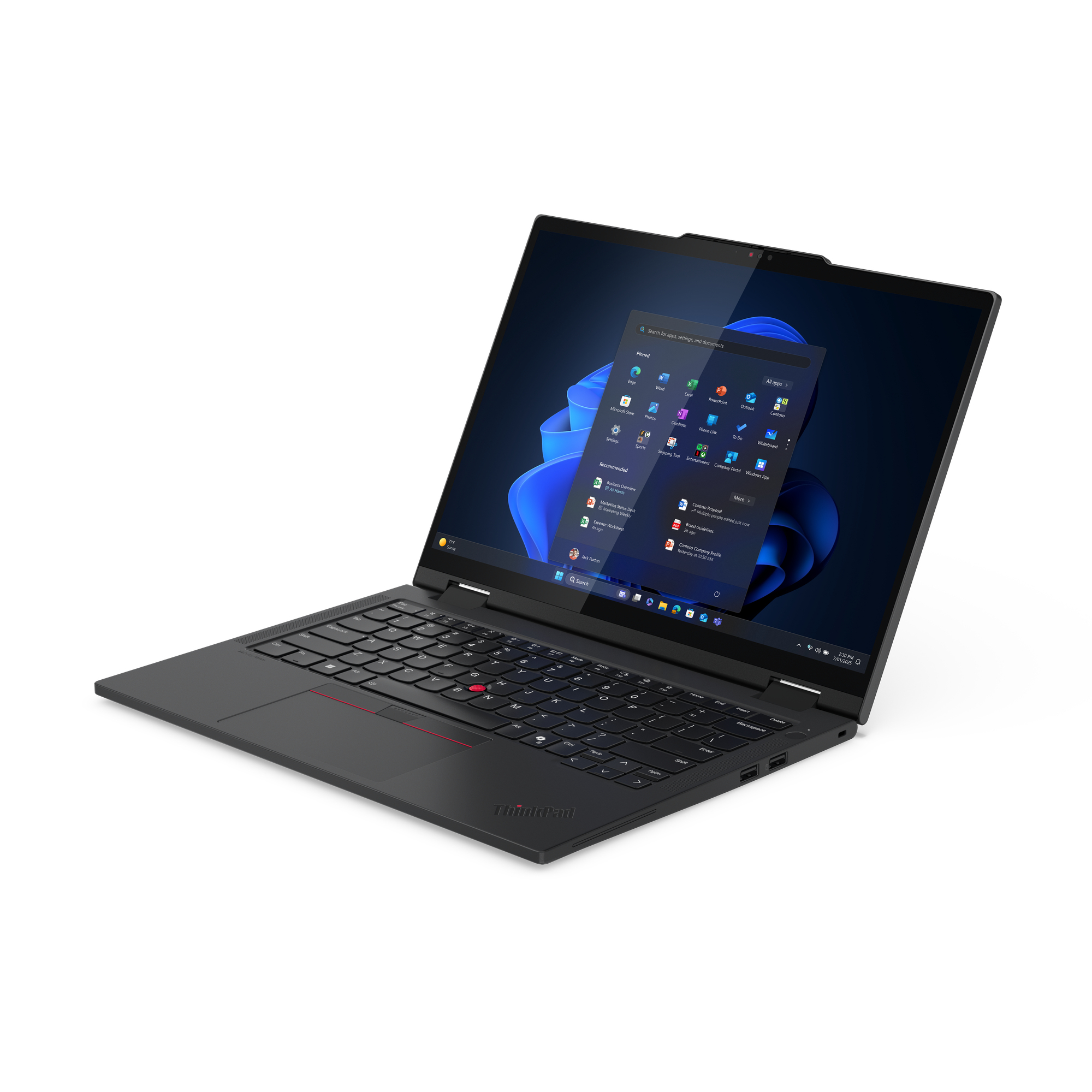 Ein schwarzes ThinkPad-Laptop mit geöffnetem Bildschirm, der eine Windows-Oberfläche zeigt.
