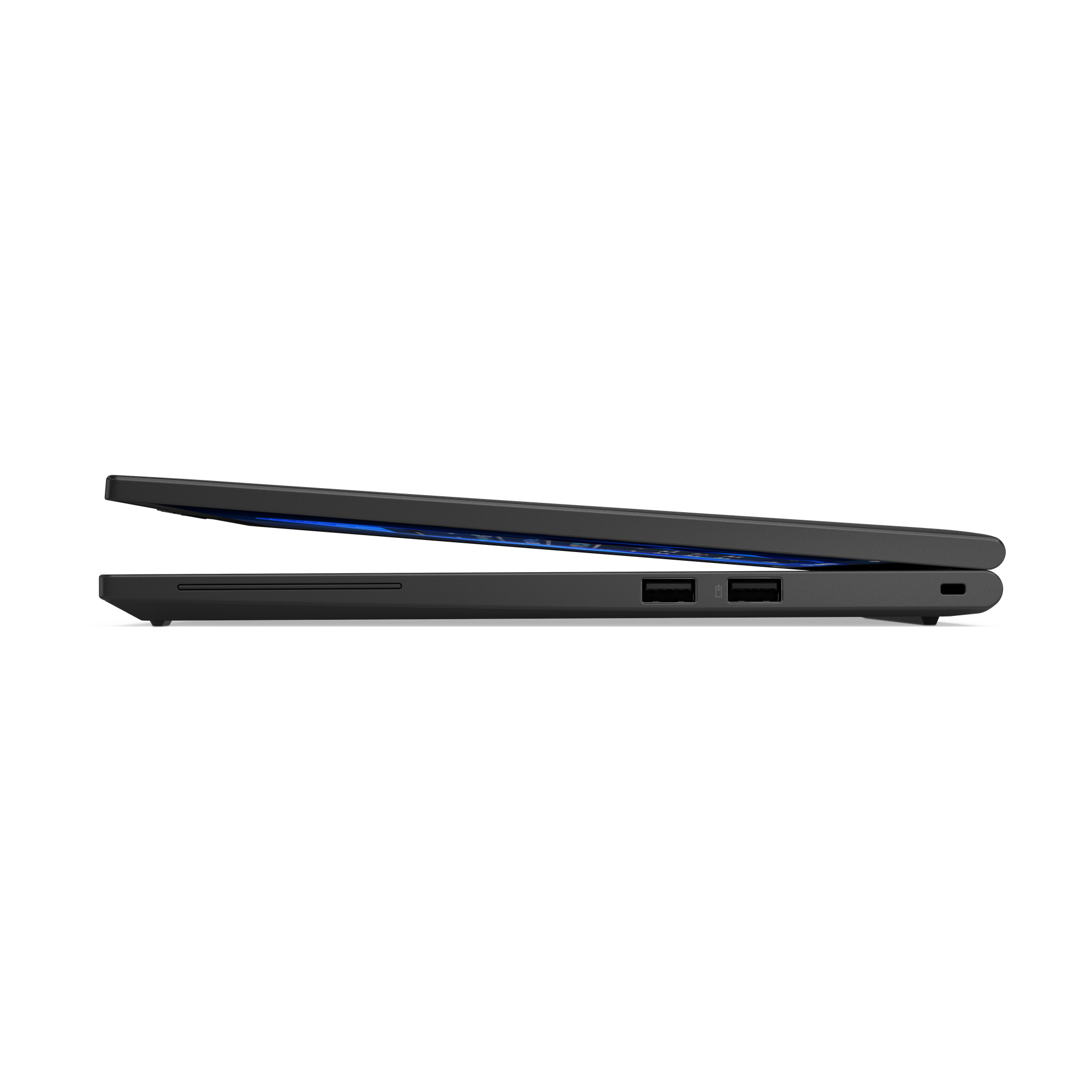 Schwarzer Laptop von der Seite, leicht geöffnet, mit USB-Anschlüssen.