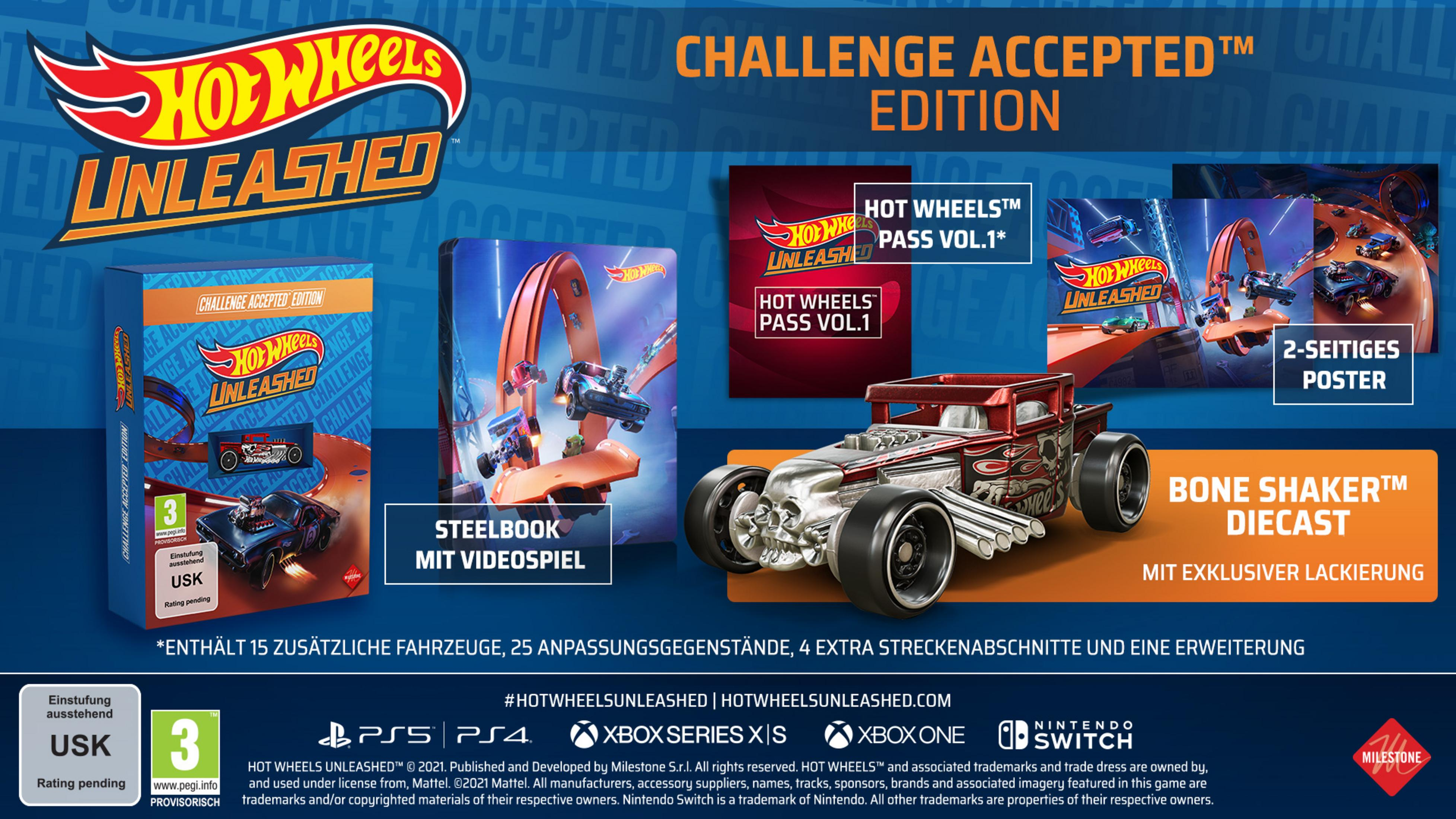Hot Wheels Unleashed: Challenge Accepted Edition mit Bone Shaker Diecast und Poster.